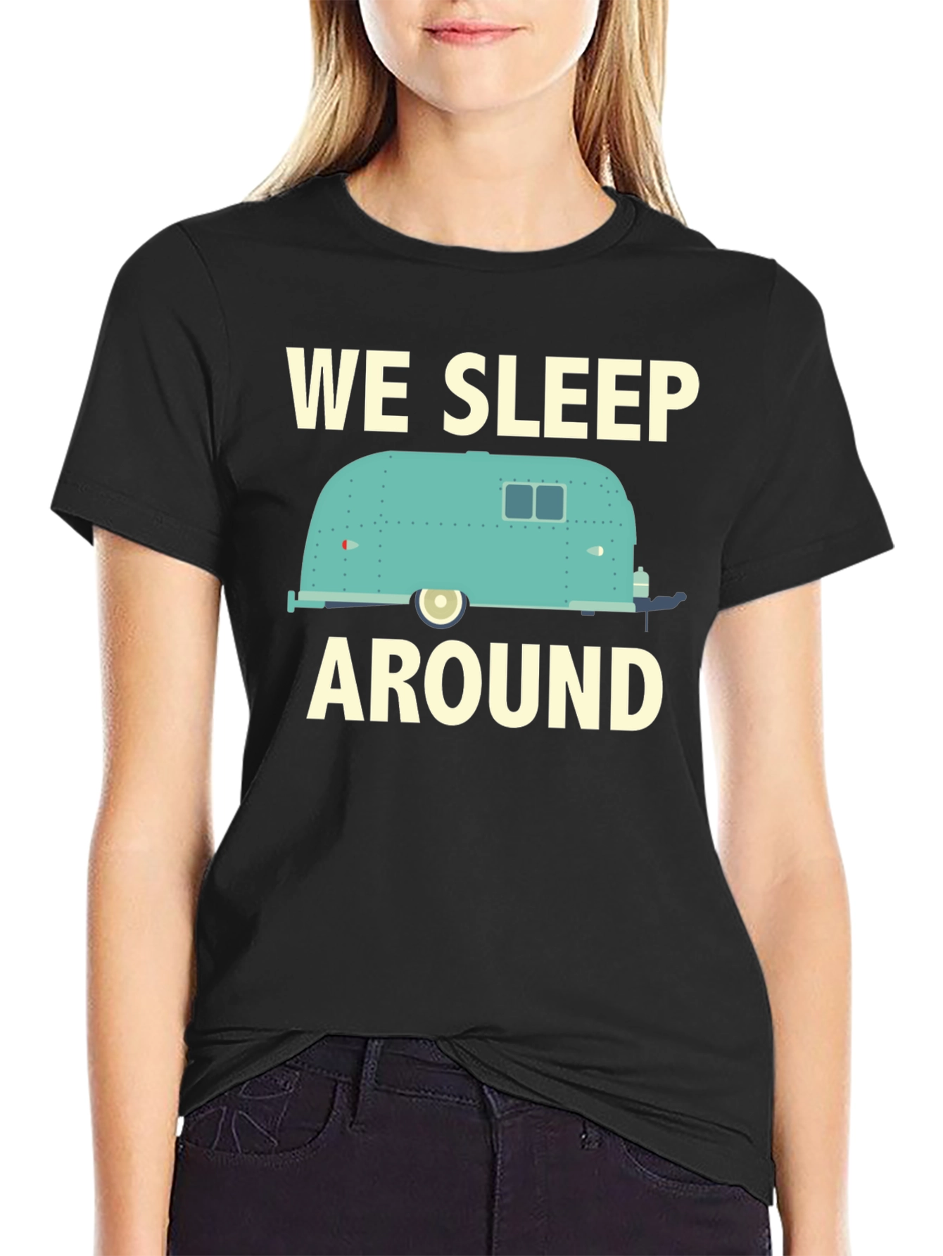Black We Sleep Around Camper T-Shirt - Travel Adventure Tee view 2
