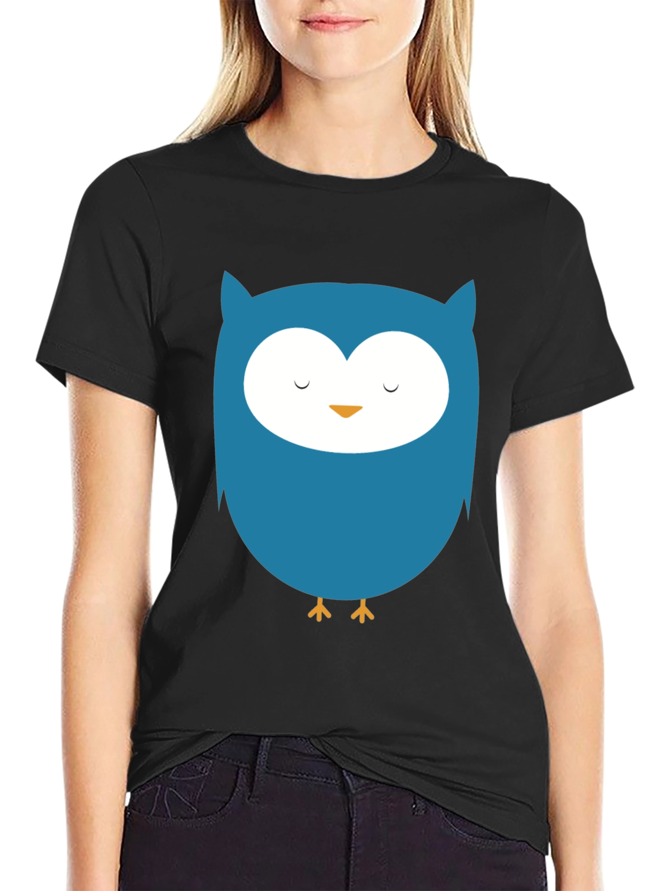 Black Cute Blue Owl Graphic Black T-Shirt view 2