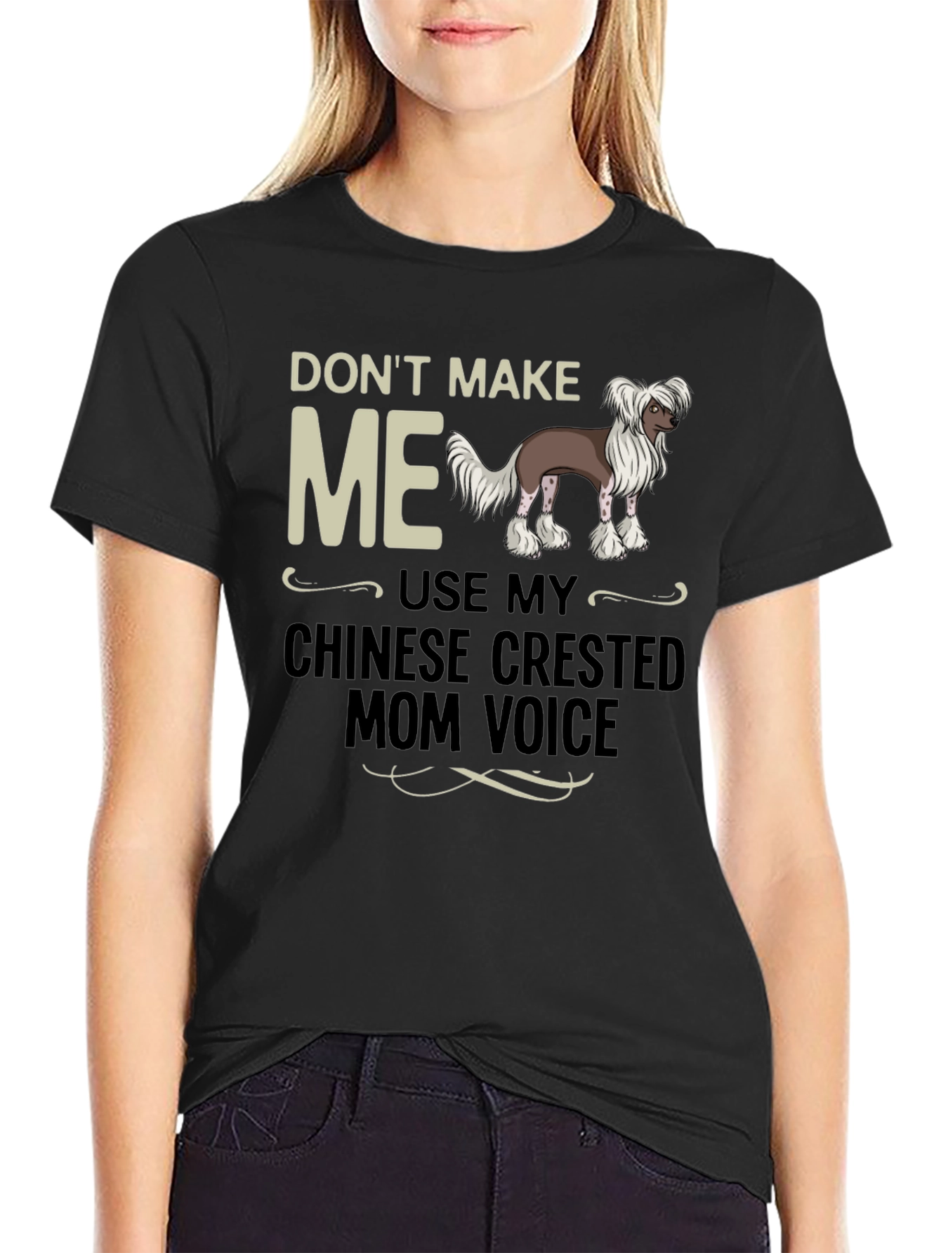 Black Chinese Crested Mom Voice T-Shirt view 2