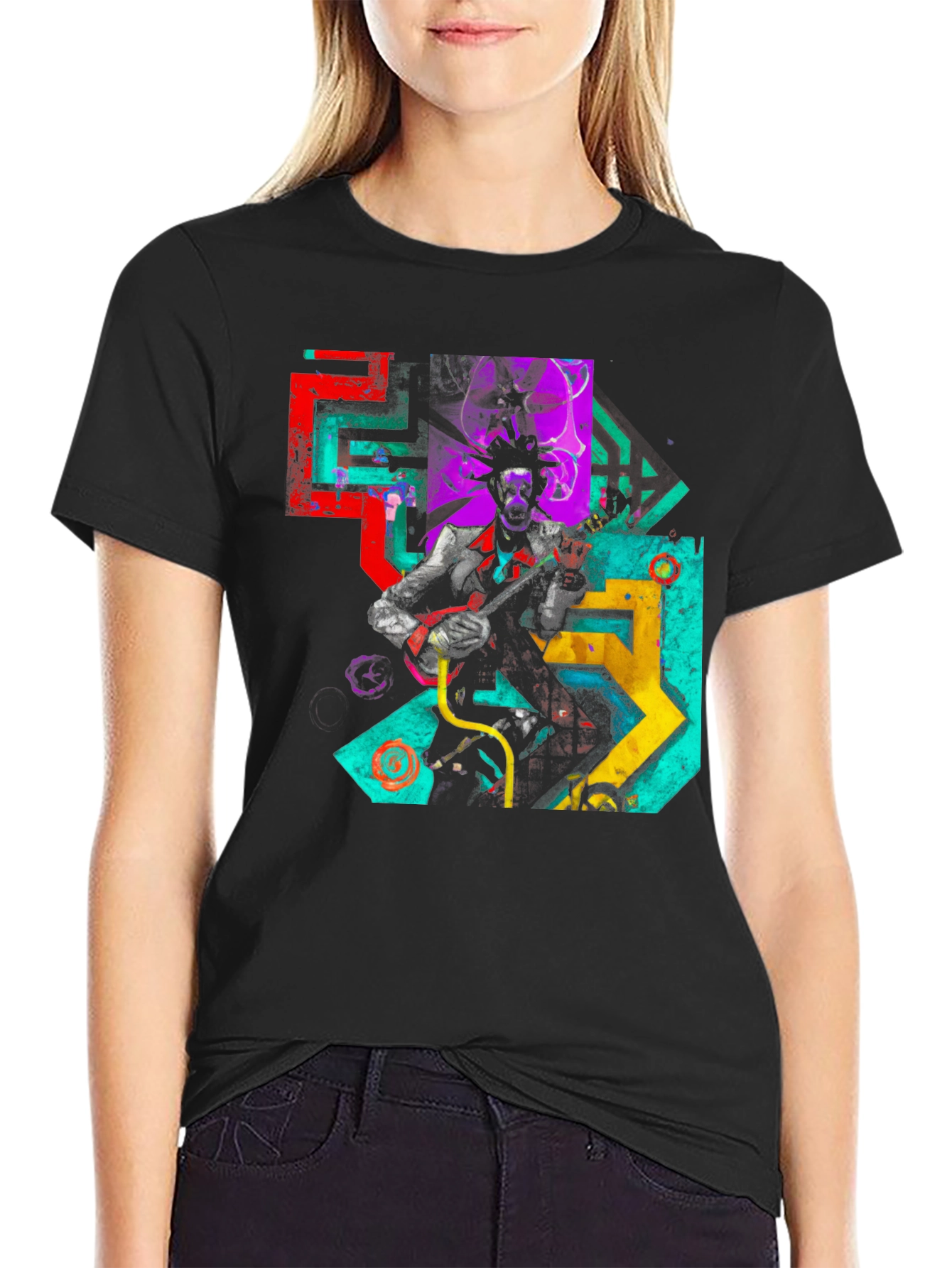 Black Abstract Musician Graphic Tee - Black Cotton Blend view 2