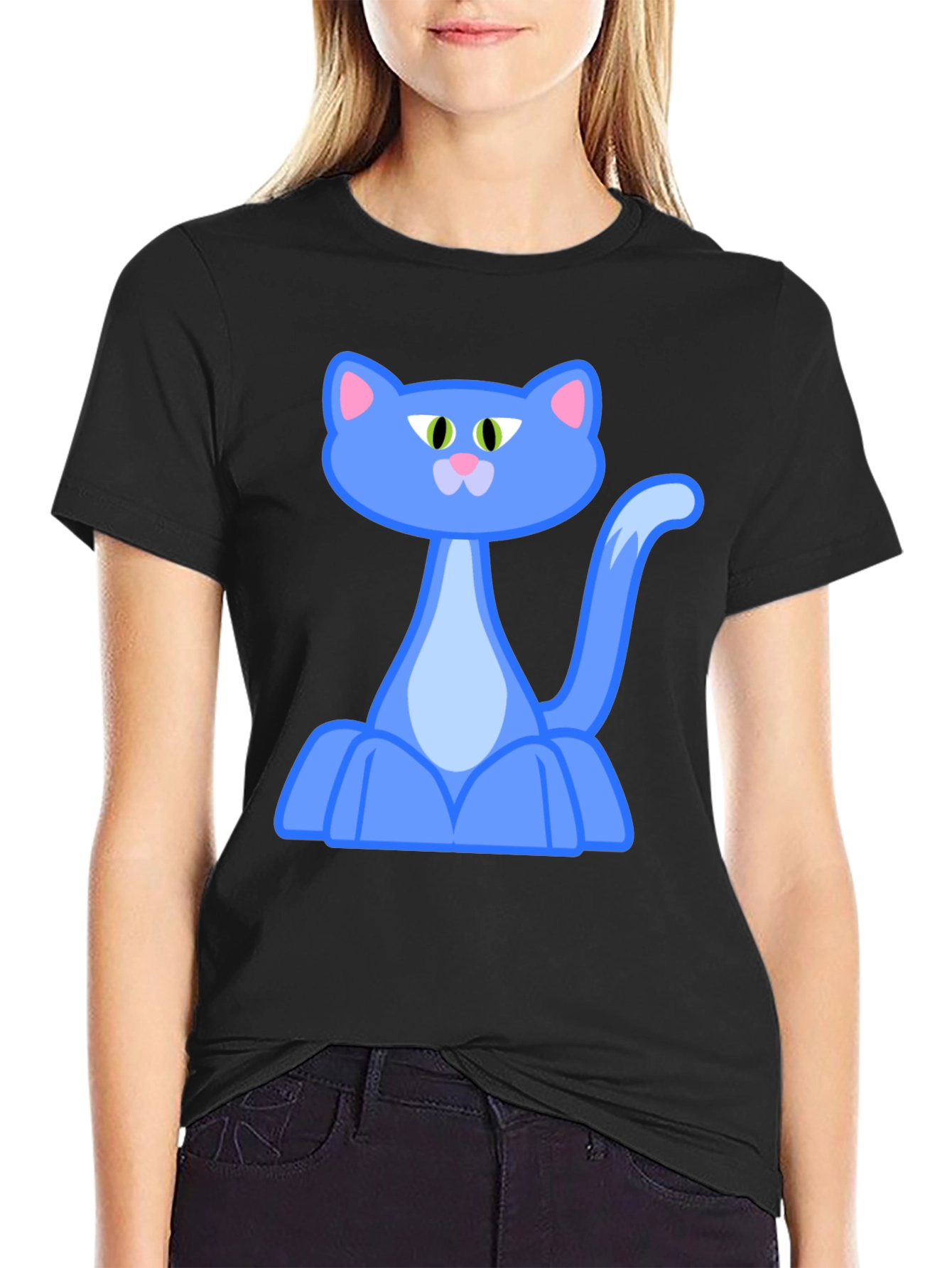 Black Blue Cartoon Cat Graphic Black T-Shirt view 2