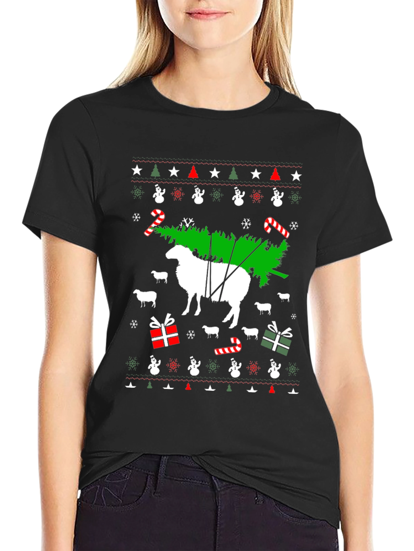 Black Funny Sheep Christmas Tree T-Shirt view 2
