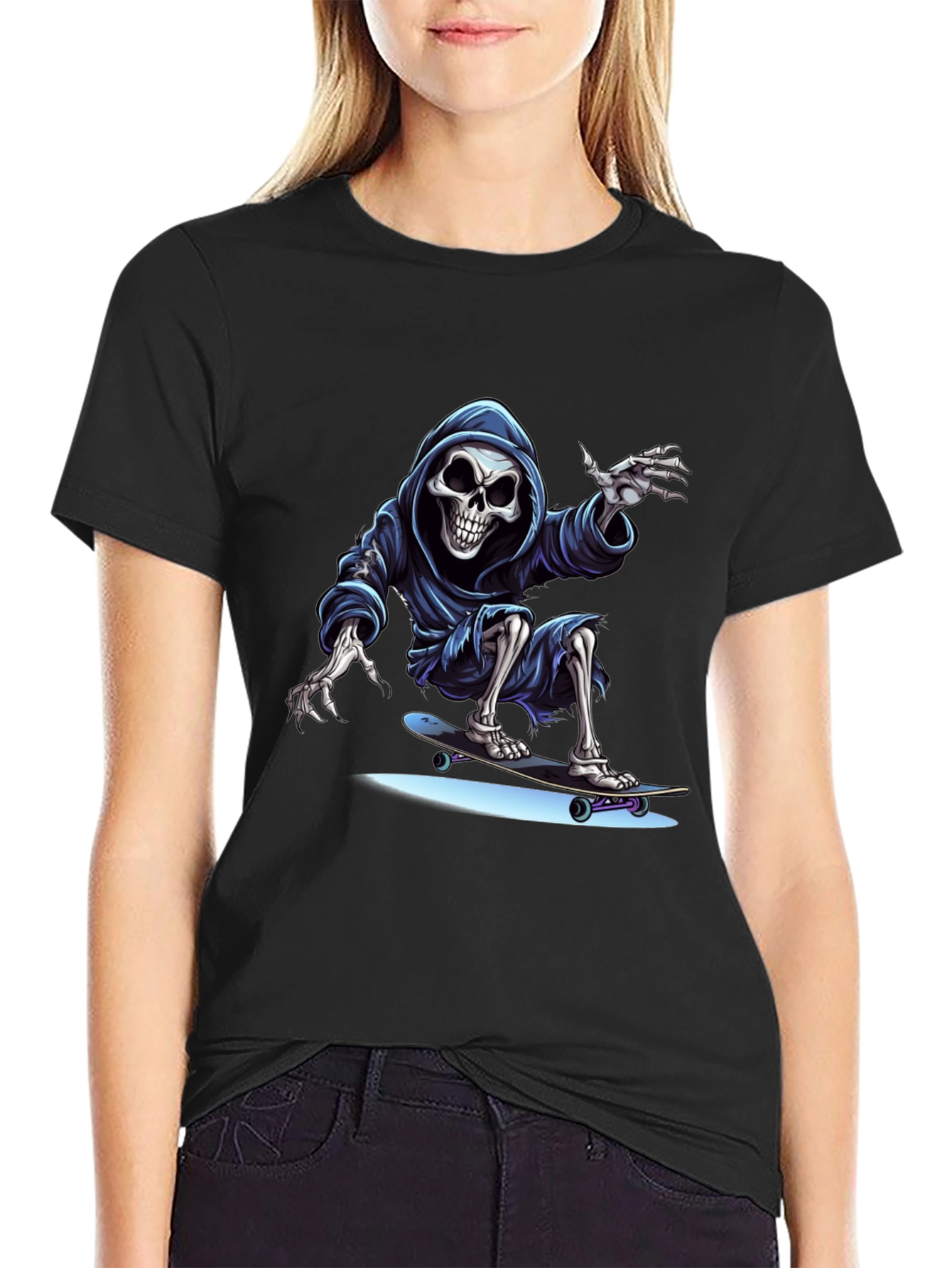 Black Skateboarding Grim Reaper Graphic Tee - Cool Skeleton Shirt view 2