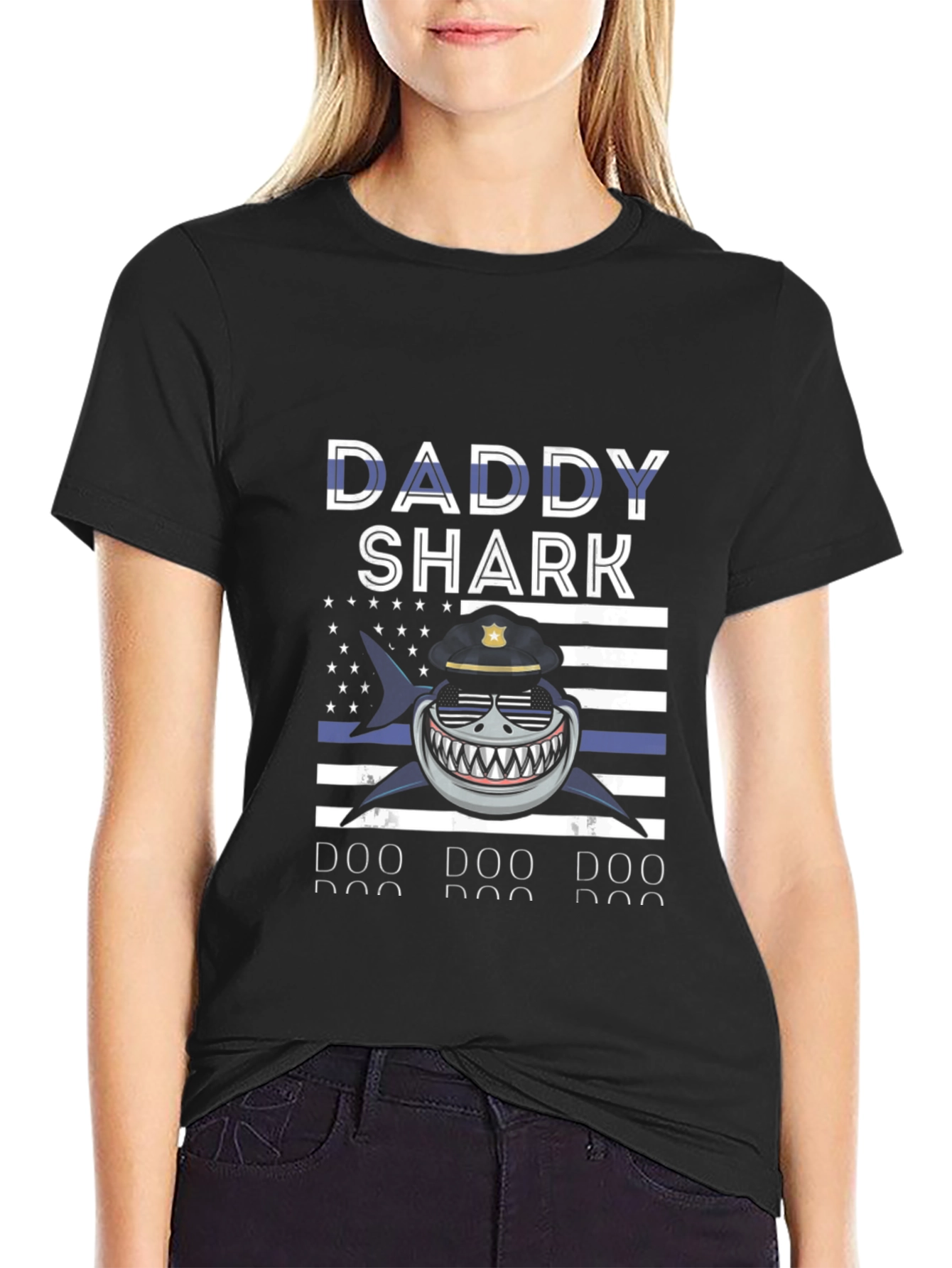 Black Daddy Shark Police T-Shirt view 2