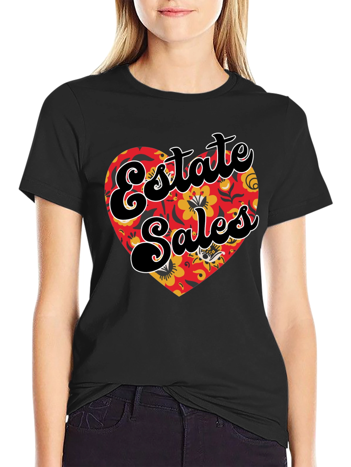 Black Estate Sales Floral Heart Graphic T-Shirt view 2