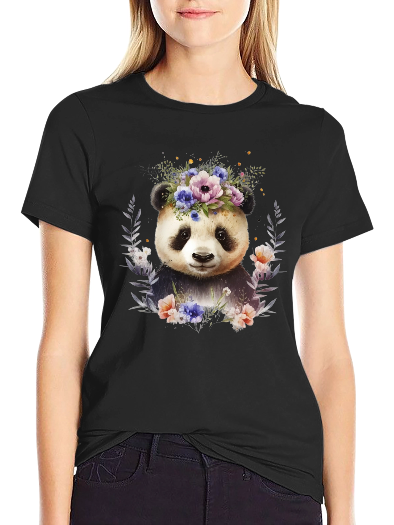 Black Panda Floral Wreath T-Shirt - Cute Animal Tee view 2