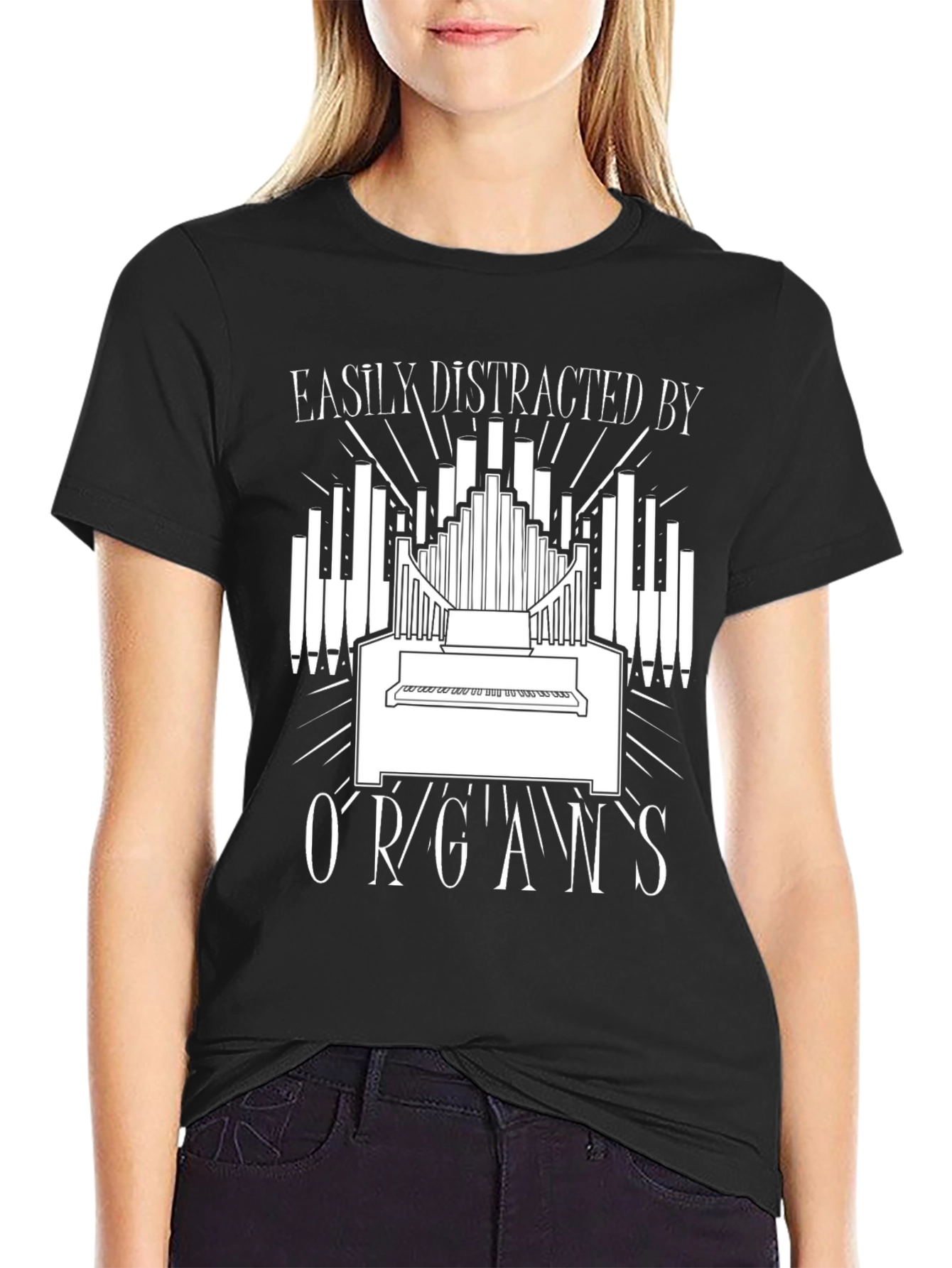 Black Easily Distracted By Organs Funny T-Shirt view 2