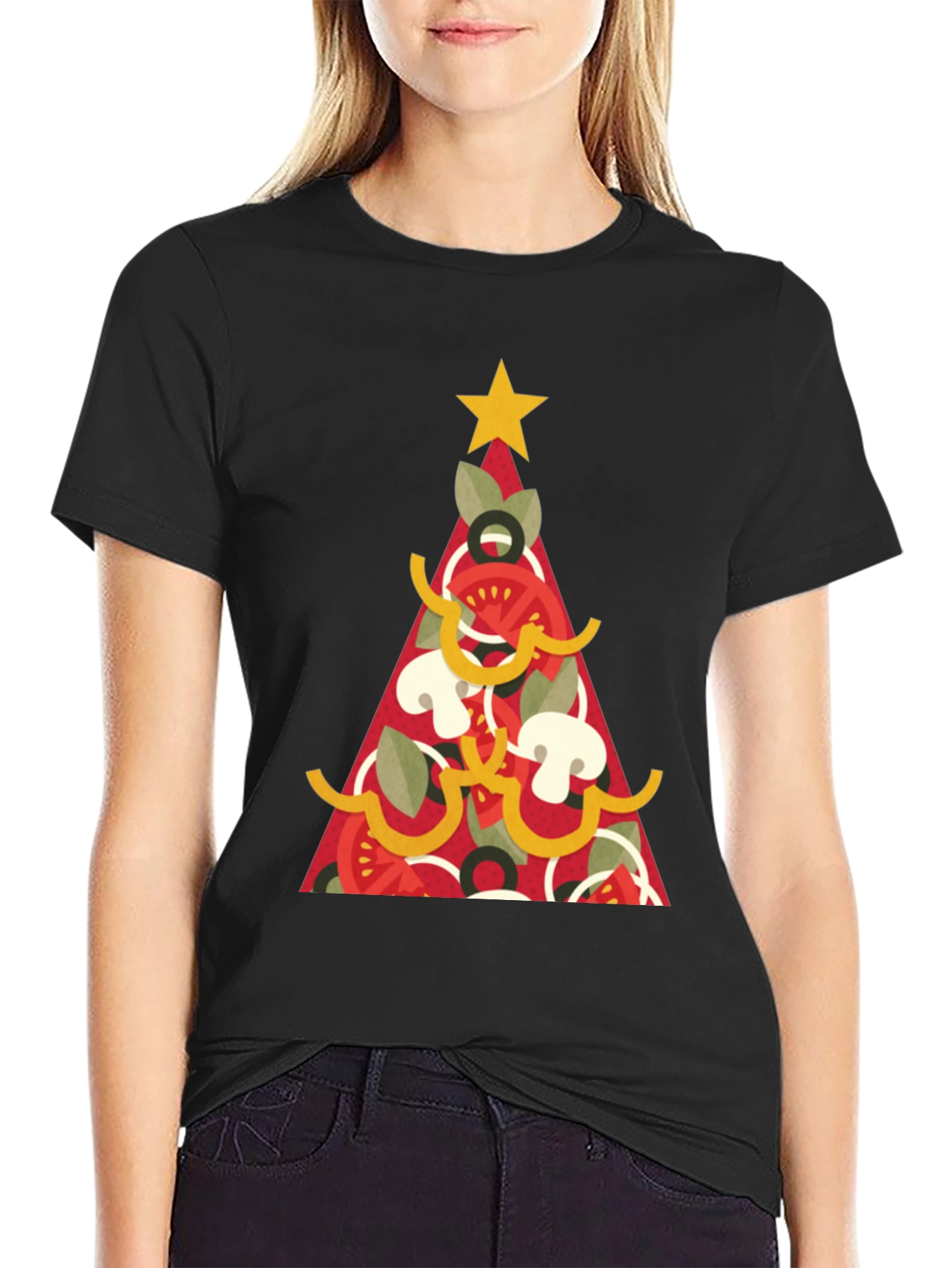 Black Pizza Christmas Tree Graphic Tee - Holiday Apparel view 2