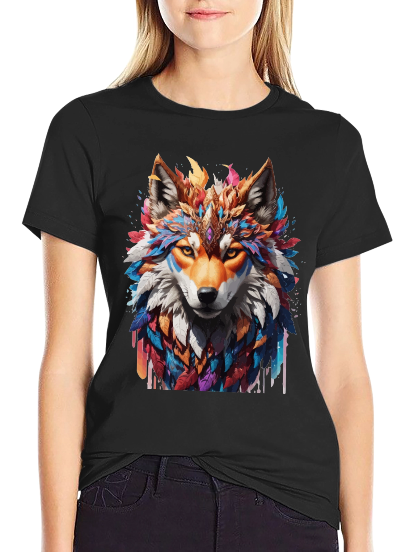 Black Colorful Wolf Graphic T-Shirt view 2