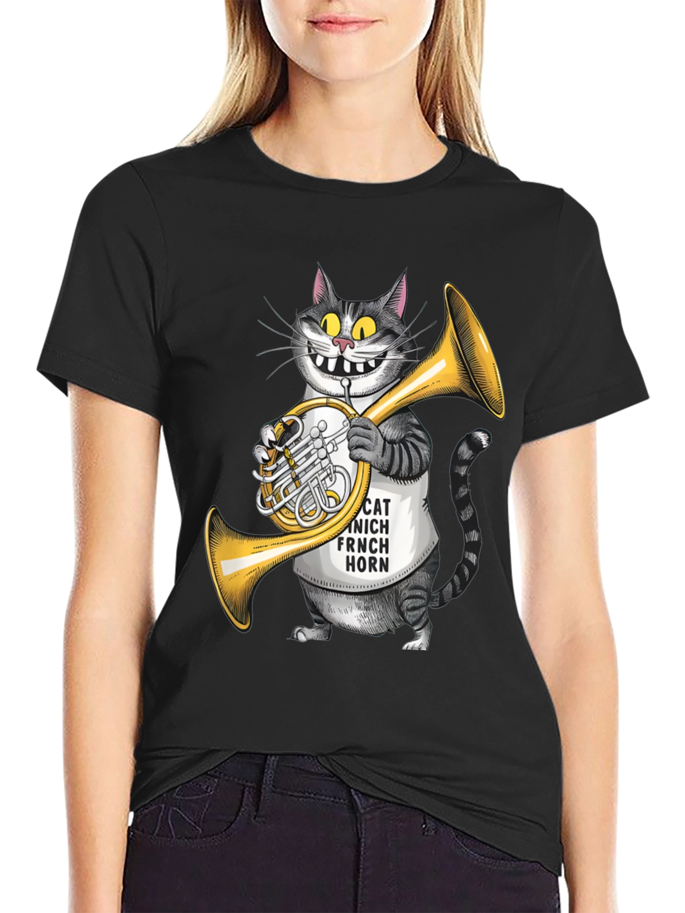 Black Funny Cat French Horn Player T-Shirt view 2