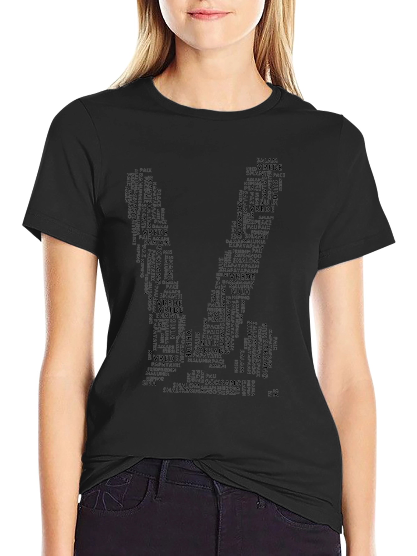 Black Peace Sign Word Art T-Shirt - Black view 2