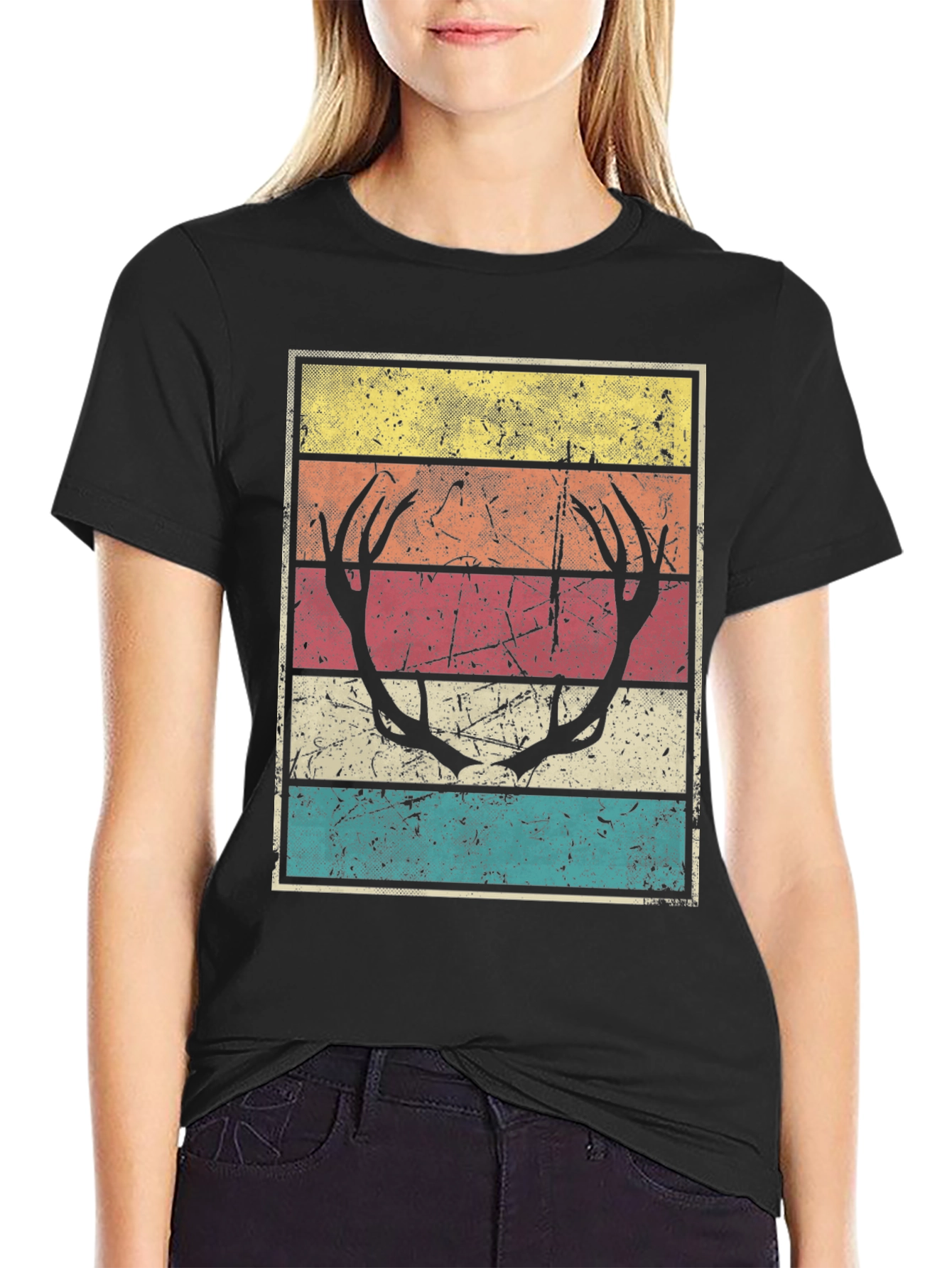 Black Retro Deer Antler Graphic Tee - Vintage Style view 2