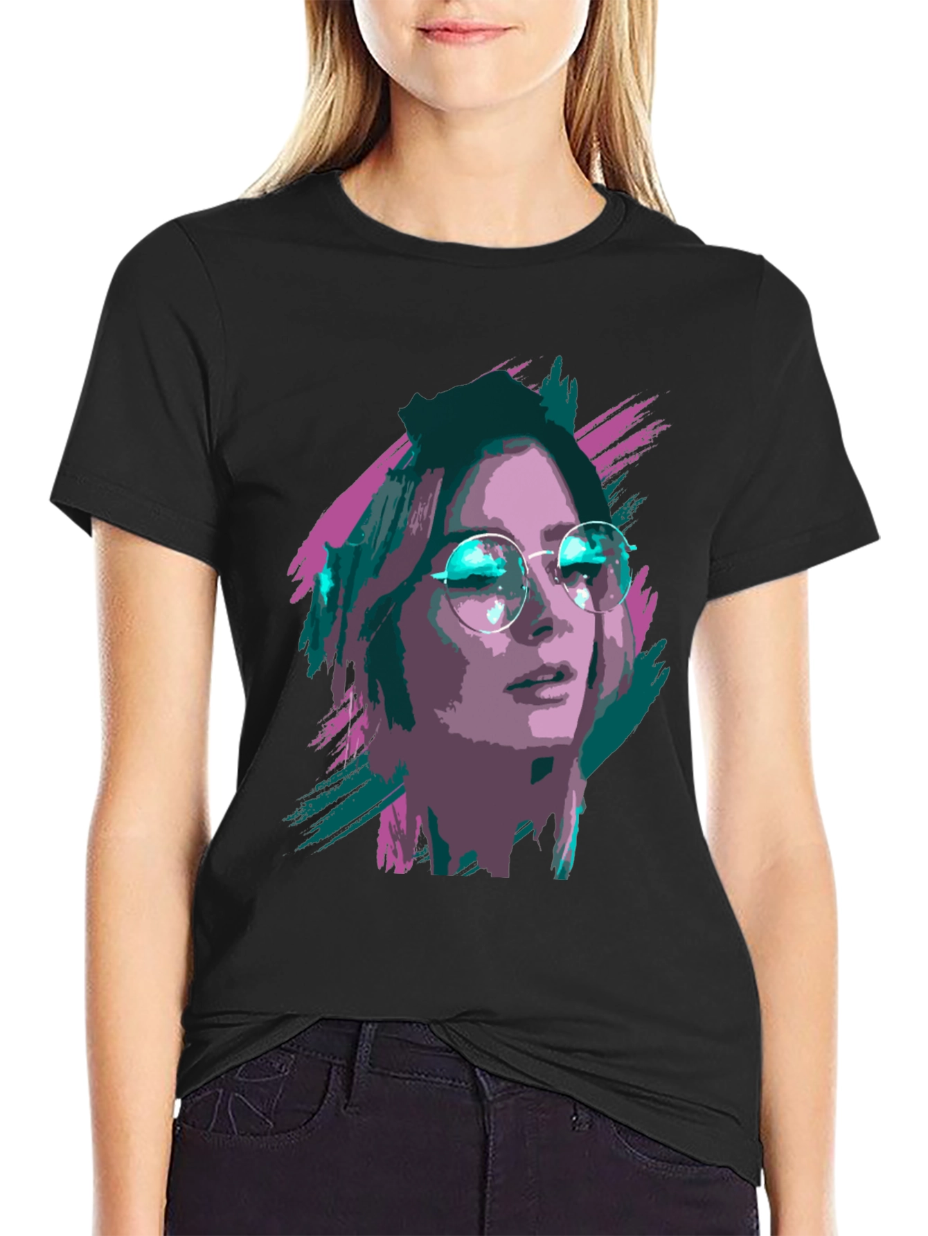 Black Stylish Graphic T-Shirt - Woman with Glasses Print view 2