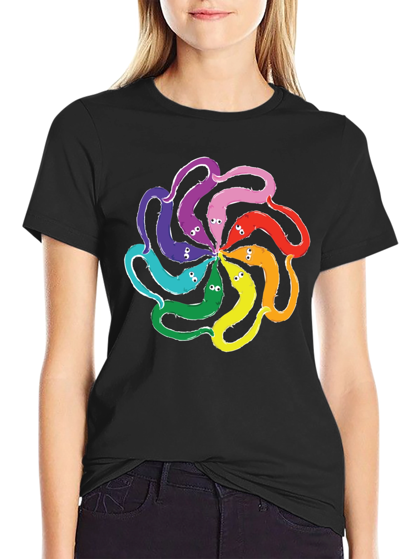 Black Colorful Worms On A String T-Shirt view 2
