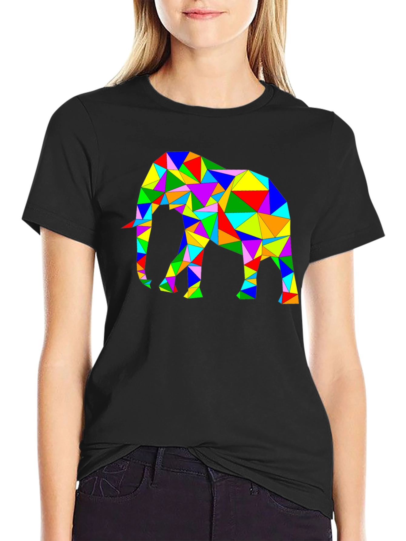Black Geometric Elephant Tee - Colorful Animal Art Shirt view 2