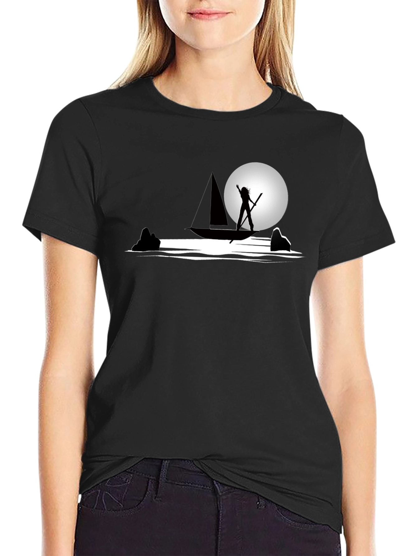 Black Silhouette Boat Graphic T-Shirt - Cool Design view 2