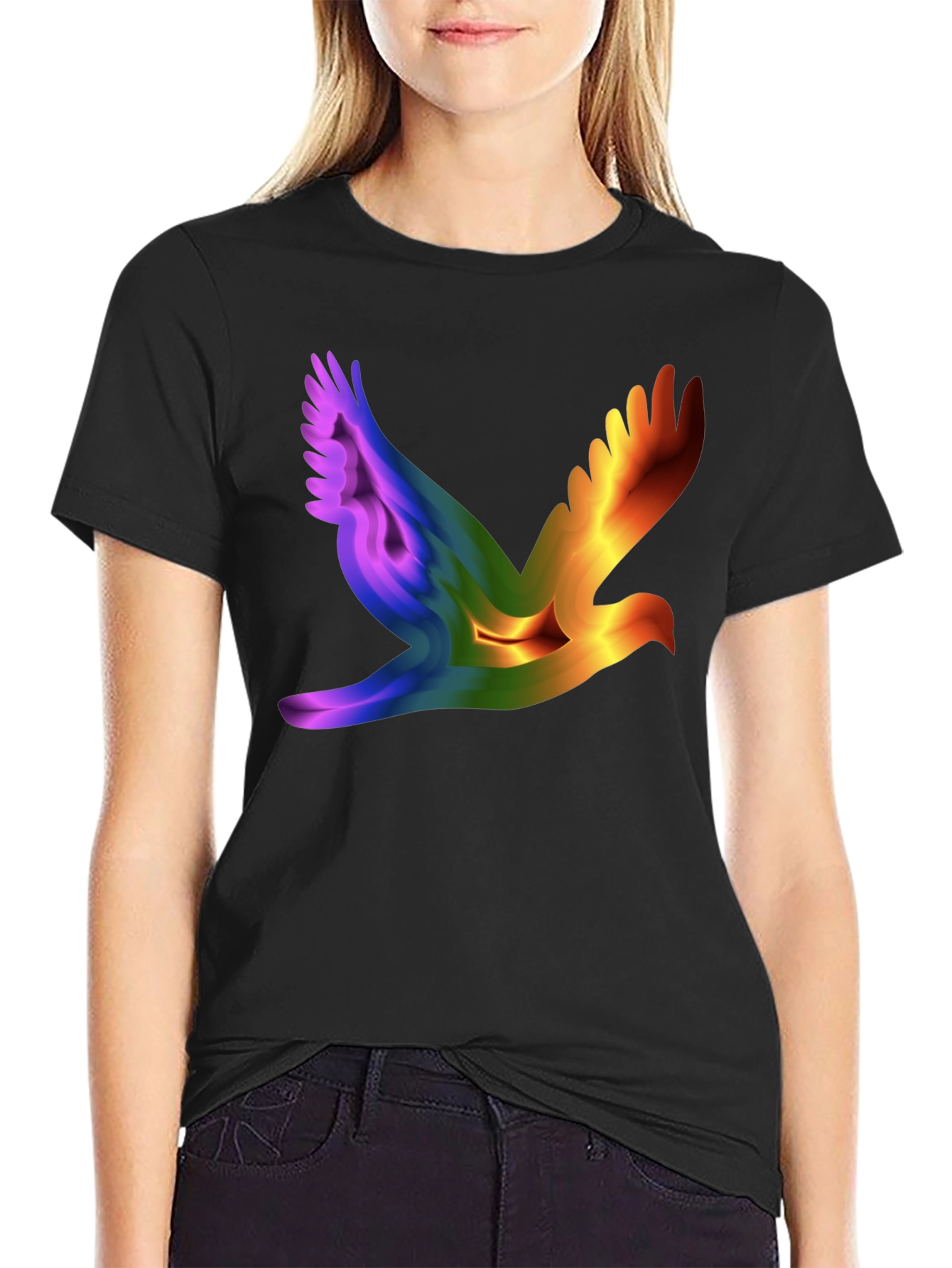 Black Rainbow Dove Graphic Black T-Shirt view 2