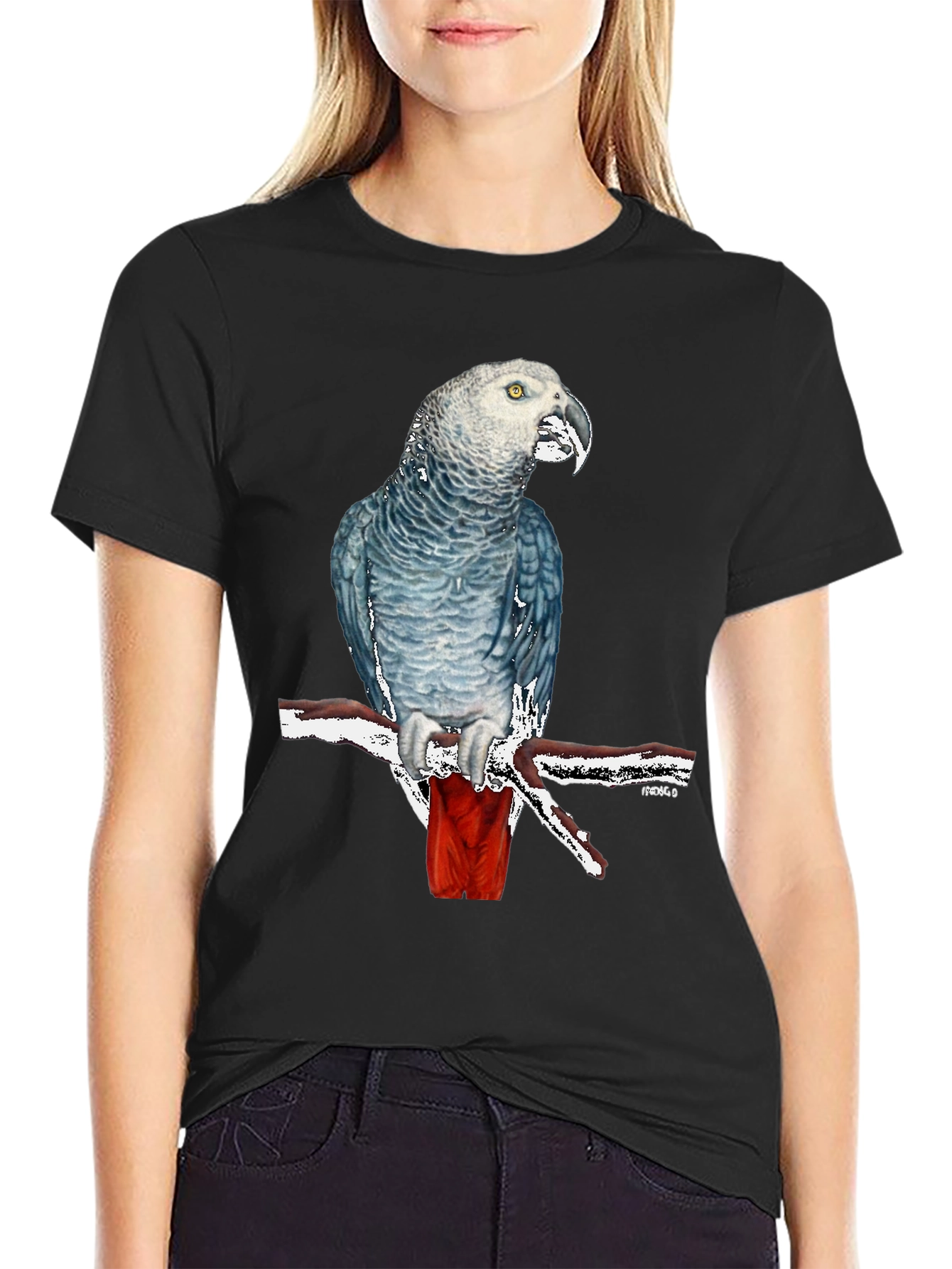 Black African Grey Parrot Graphic T-Shirt - Unisex Black Tee view 2
