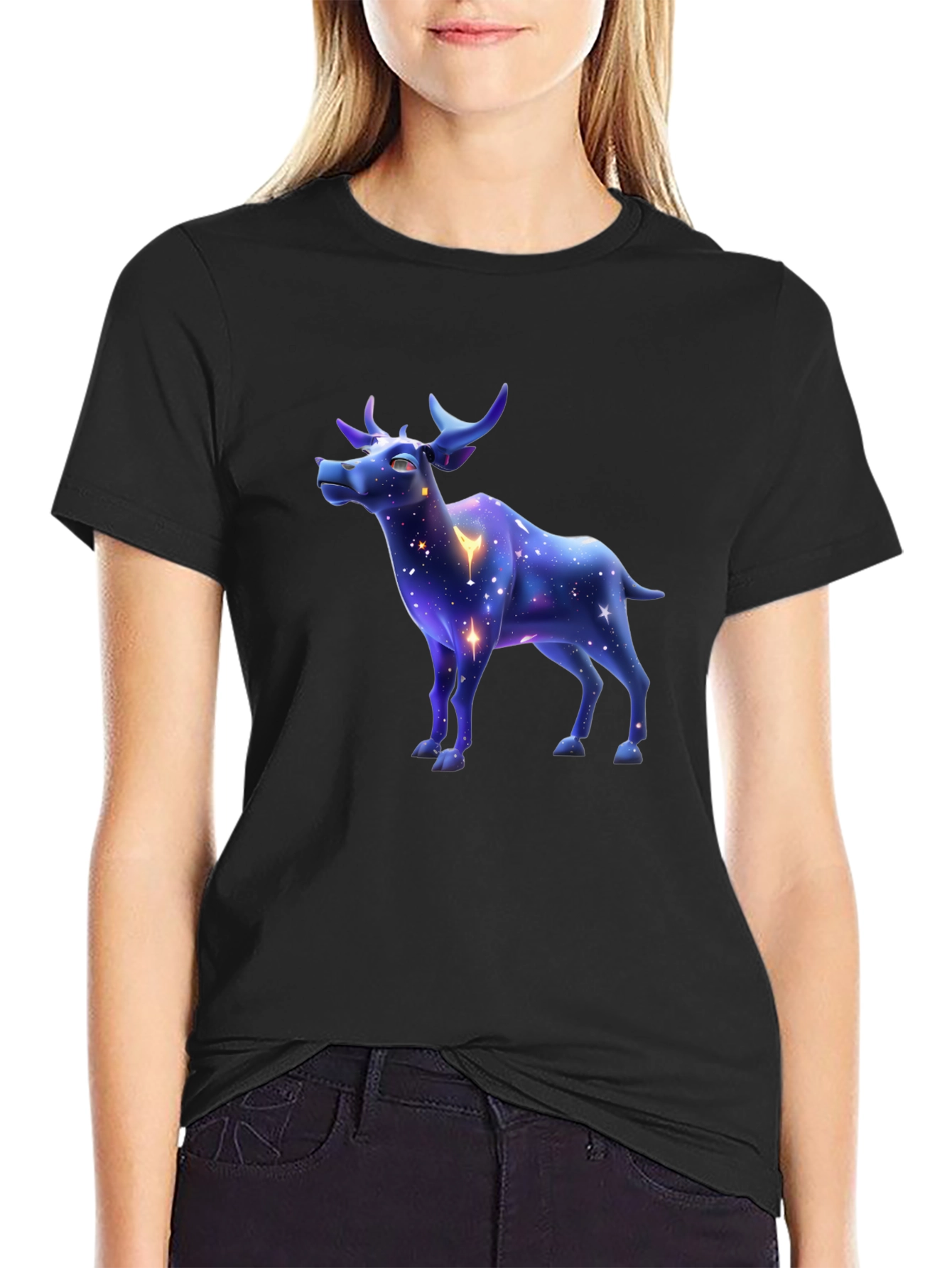 Black Galaxy Deer Graphic Tee - Stylish Men's Black T-Shirt view 2
