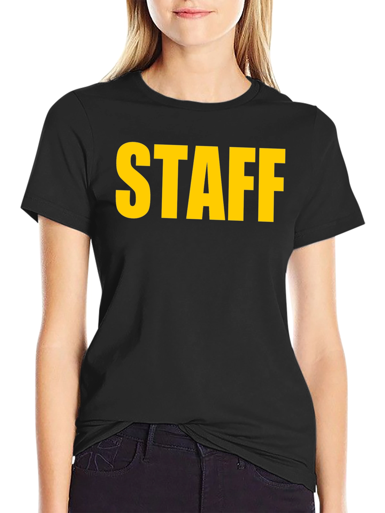 Black Staff Black T-Shirt - Bold Yellow Text view 2