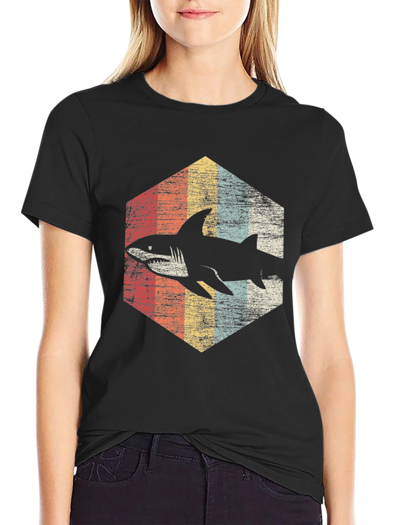 Black Retro Shark Graphic T-Shirt - Vintage Style view 2
