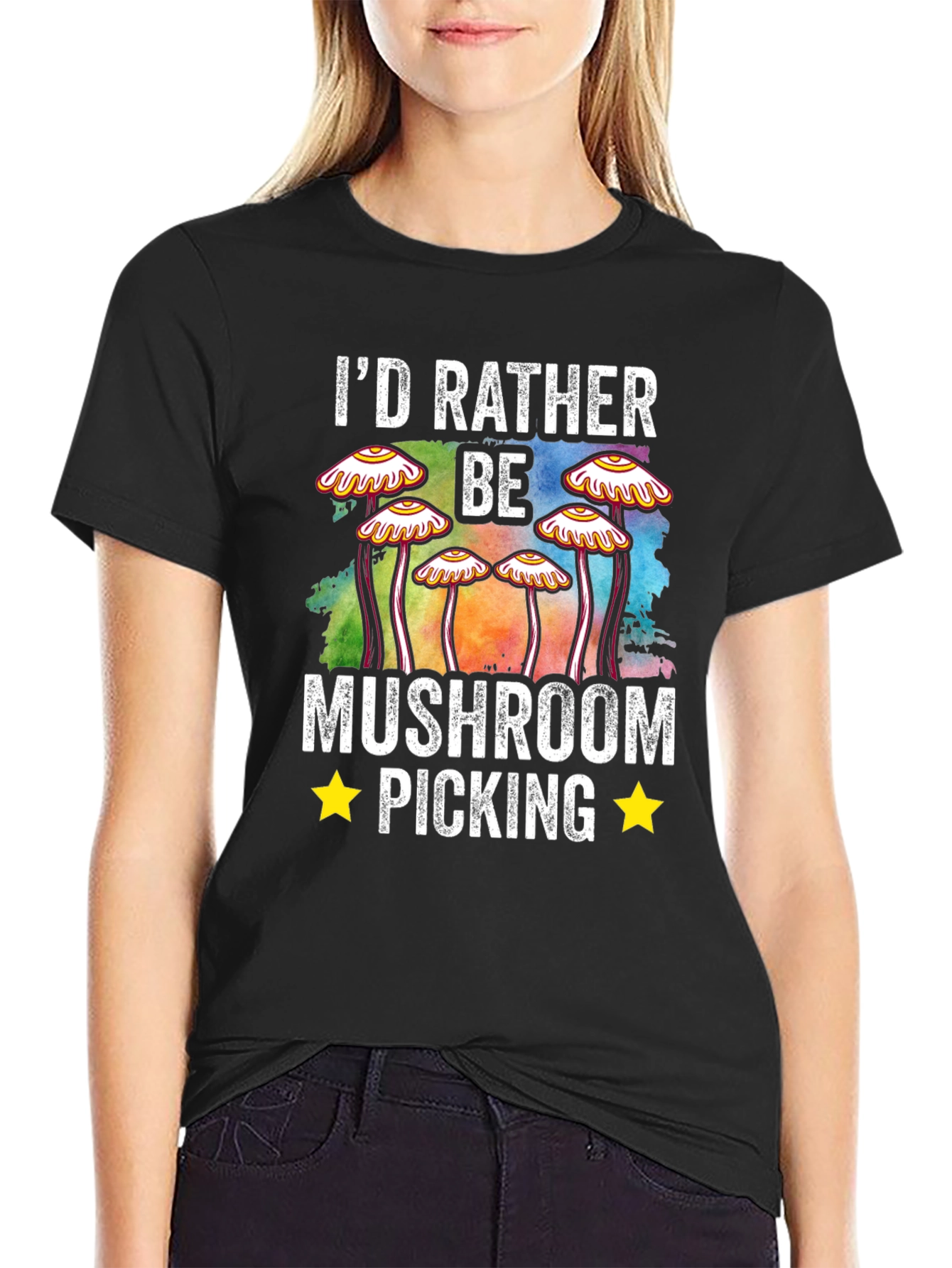 Black Mushroom Picking Graphic T-Shirt view 2