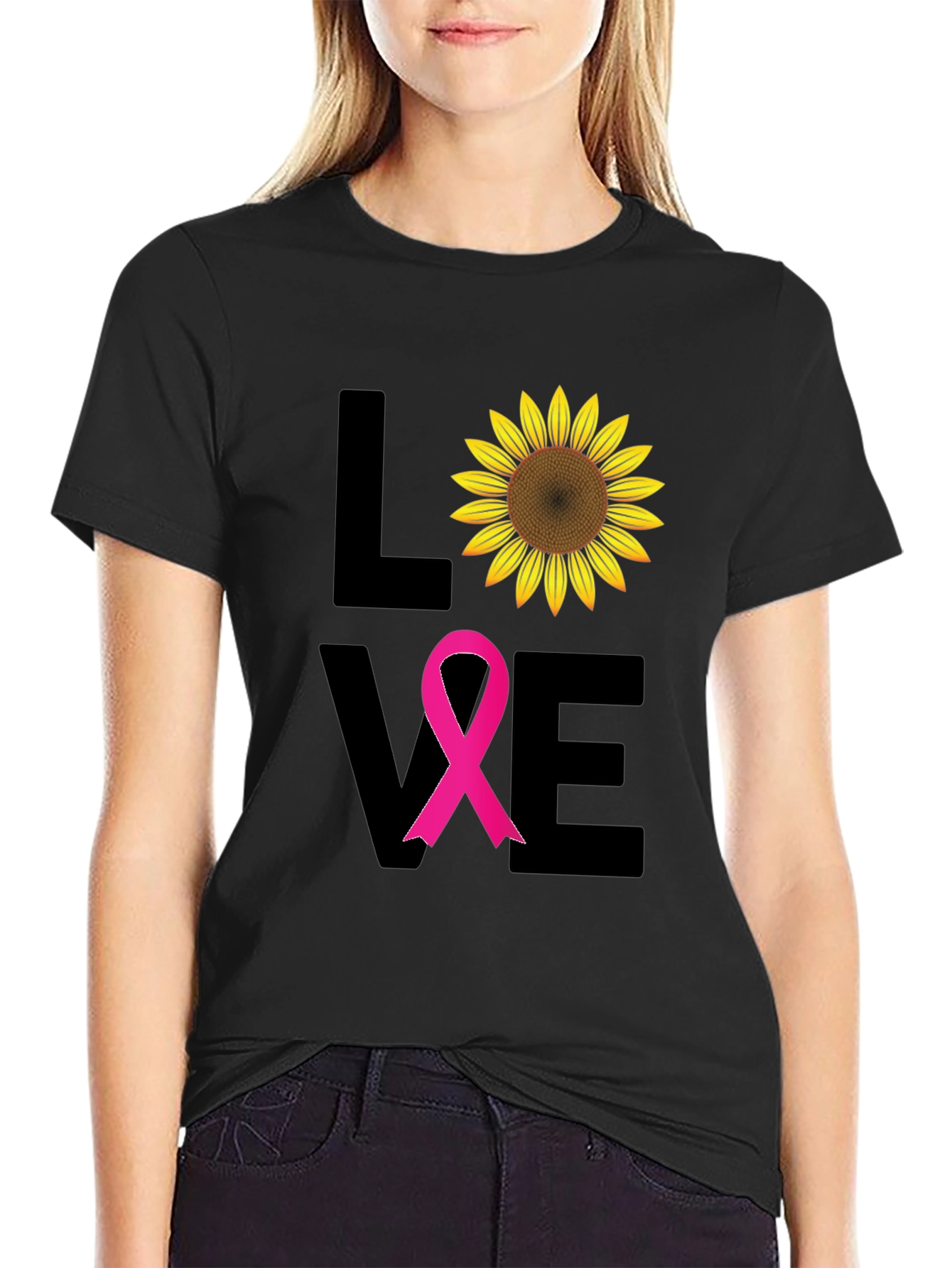 Black Love Sunflower Breast Cancer Awareness T-Shirt view 2