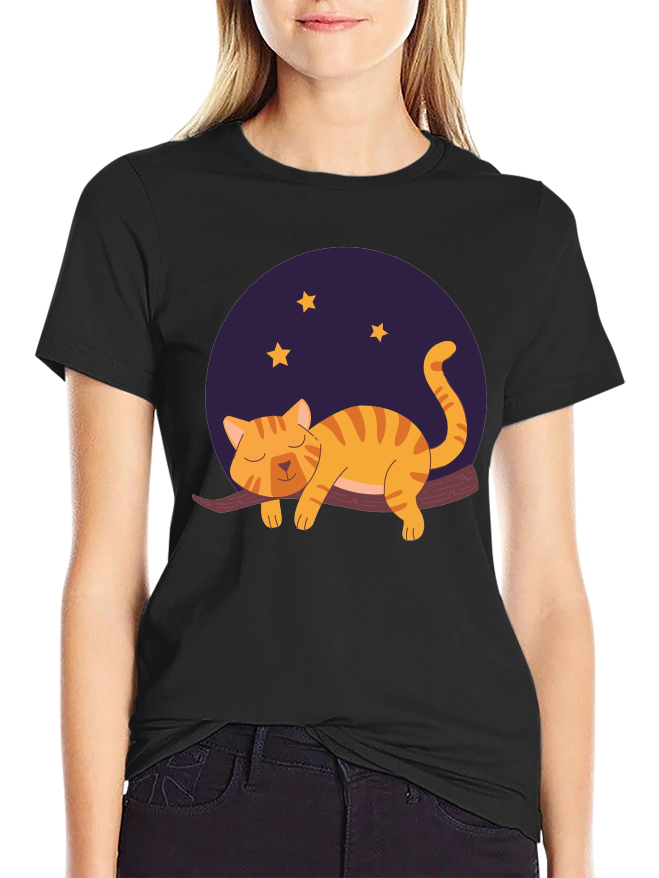 Black Cute Cat Nap T-Shirt - Unisex Black Tee view 2