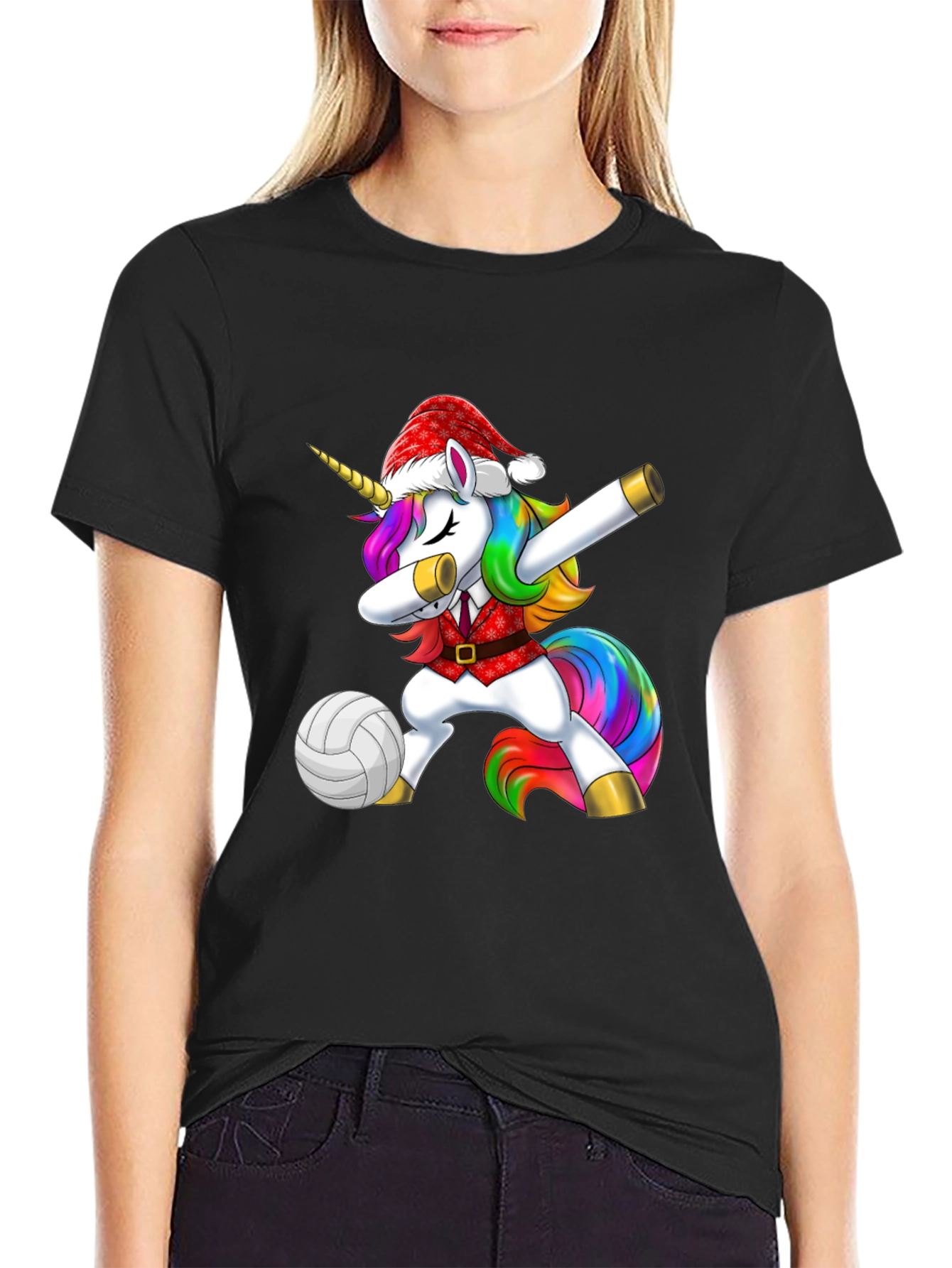 Black Unicorn Dabbing Volleyball Christmas Tee view 2