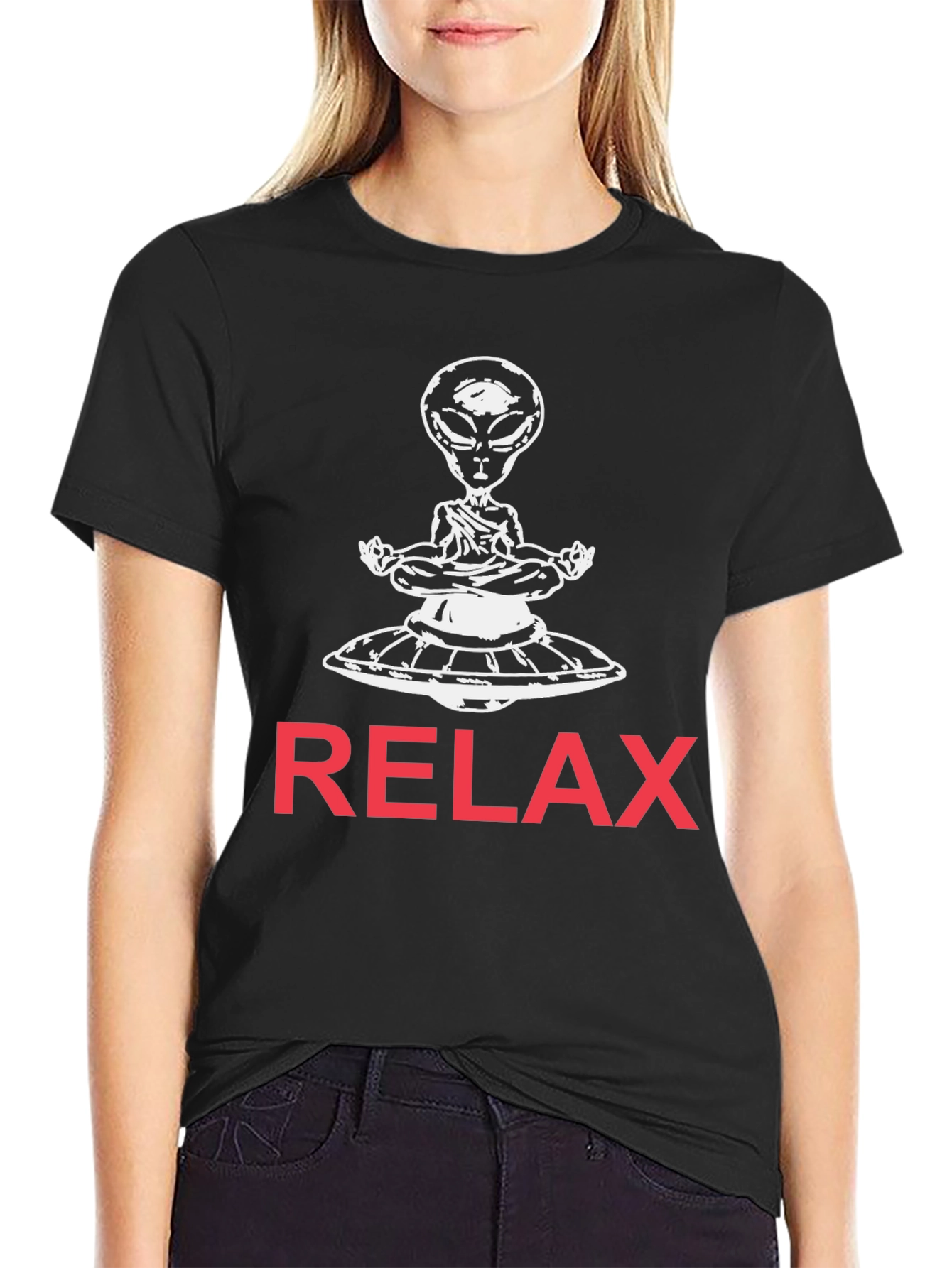 Black Relax Alien T-Shirt -  UFO Meditation Tee view 2