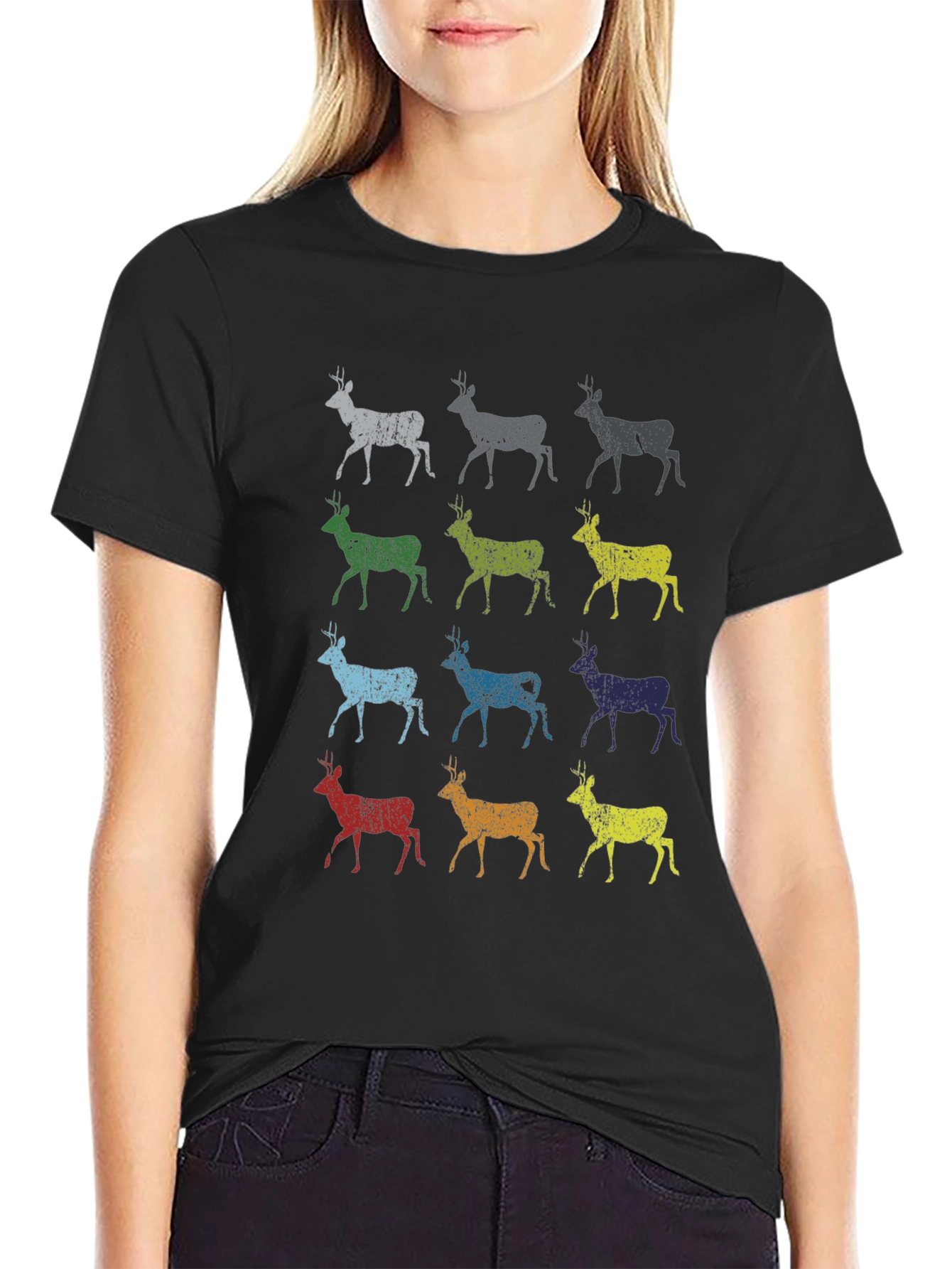 Black Colorful Deer Graphic Print T-Shirt view 2