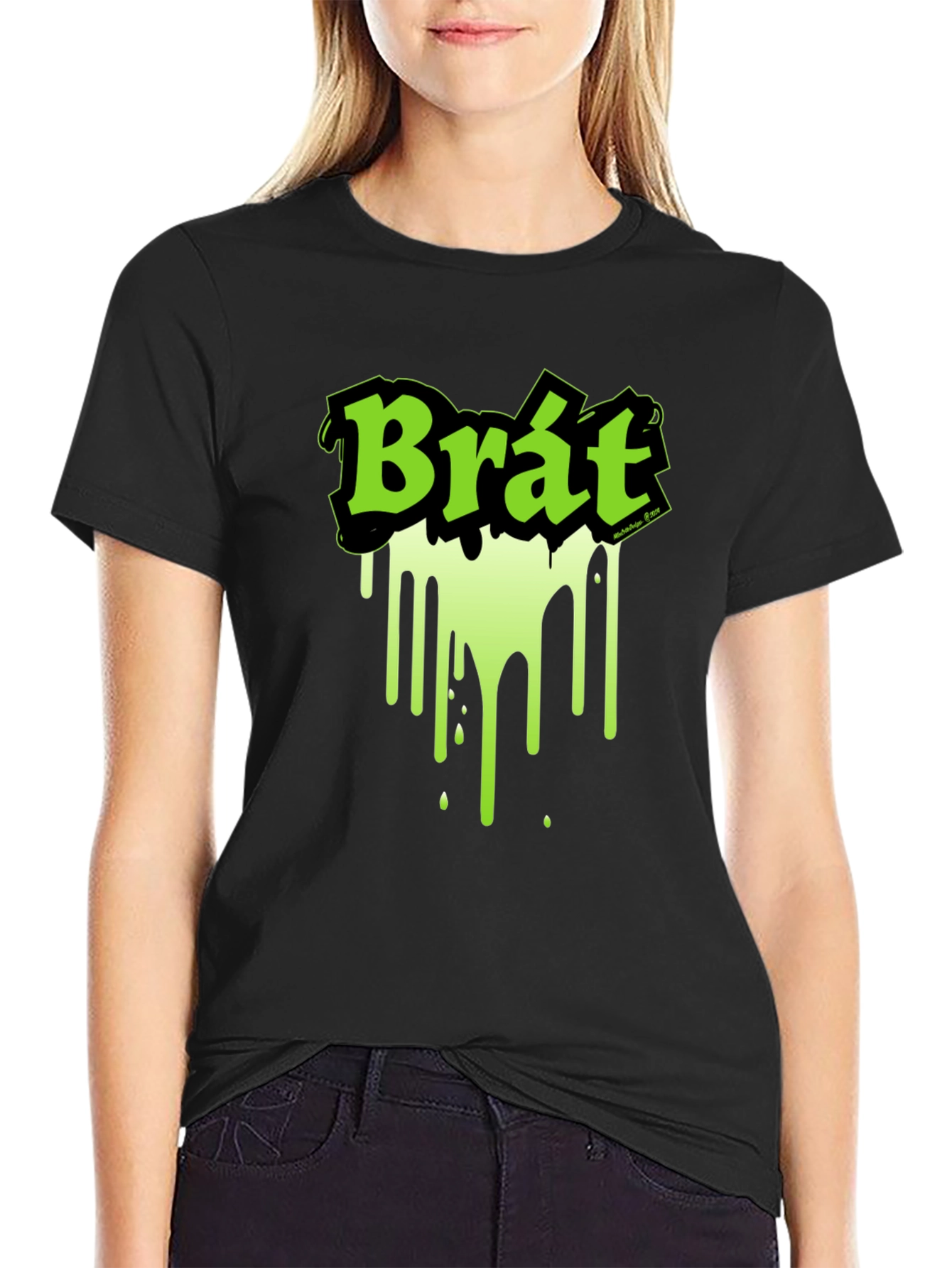 Black Brat Graphic Tee - Black T-Shirt with Neon Green Design view 2
