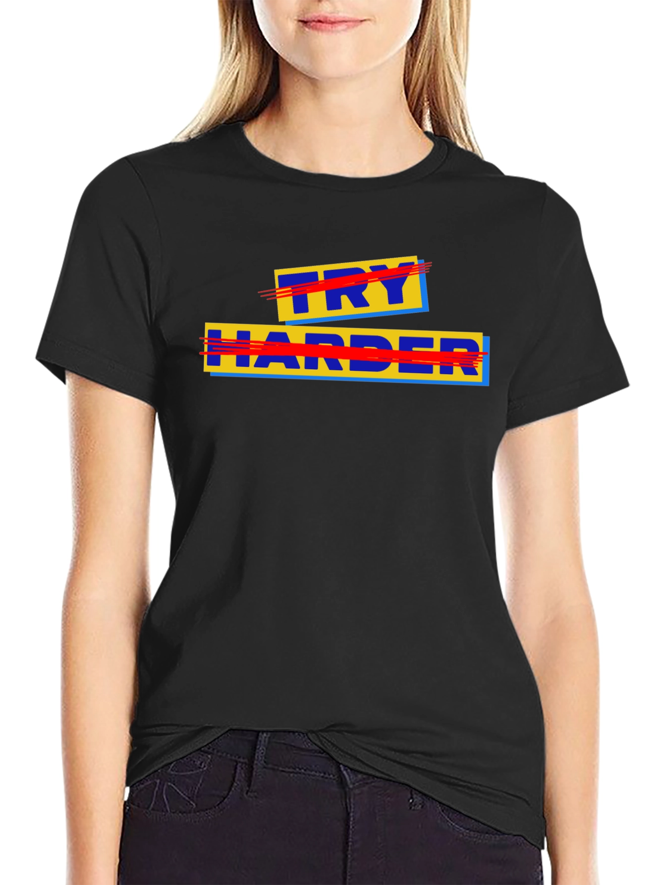 Black Try Harder Graphic Tee - Motivational T-Shirt view 2