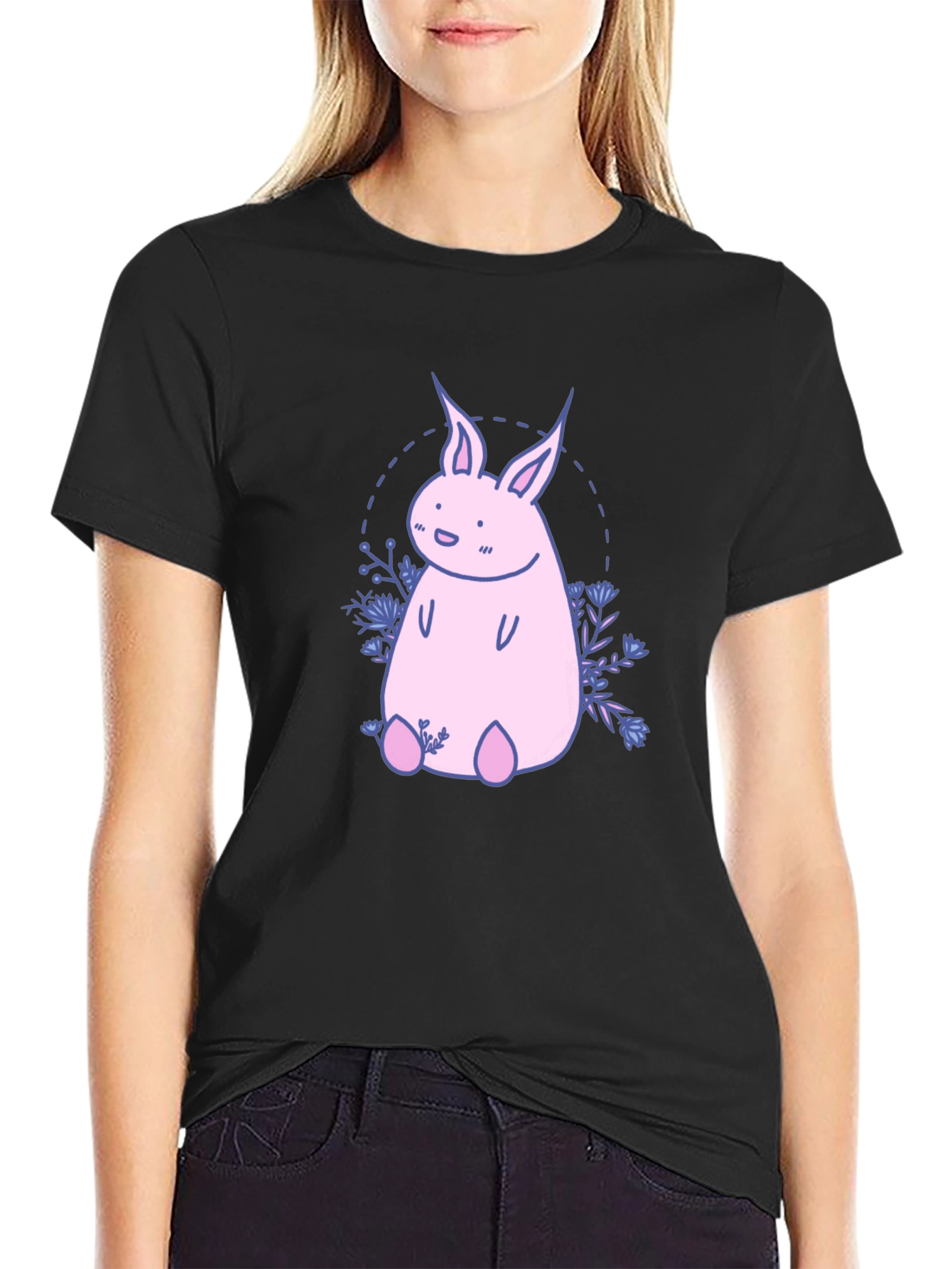 Black Cute Pink Bunny Graphic T-Shirt view 2