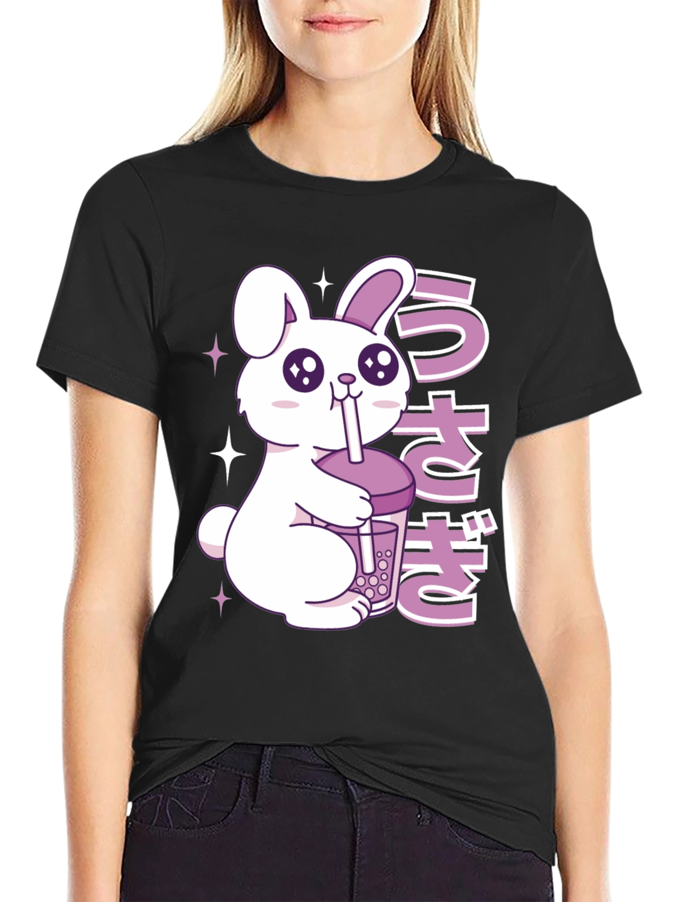 Black Kawaii Rabbit Boba Tea Graphic T-Shirt view 2