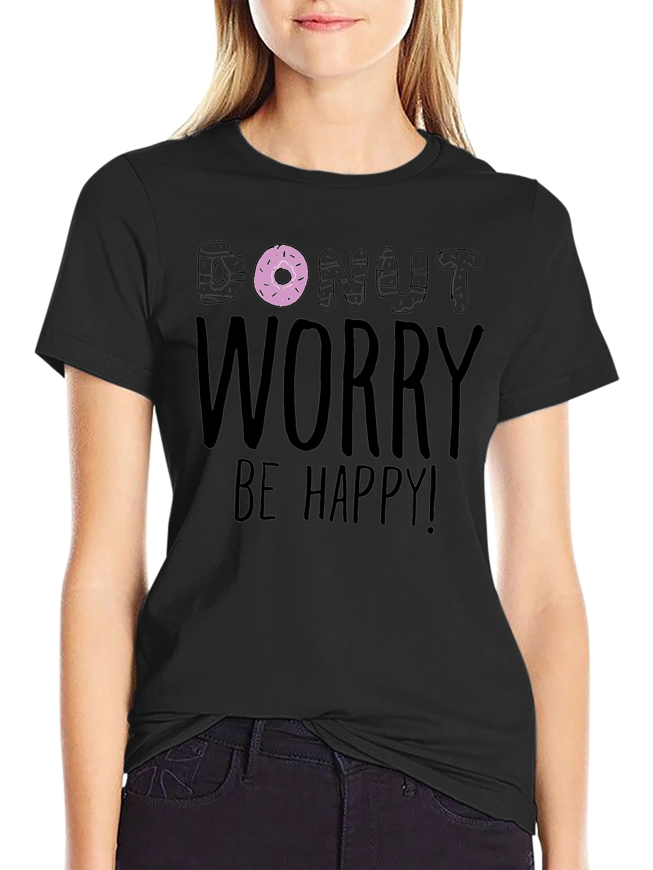 Black Donut Worry Be Happy Graphic Tee view 2