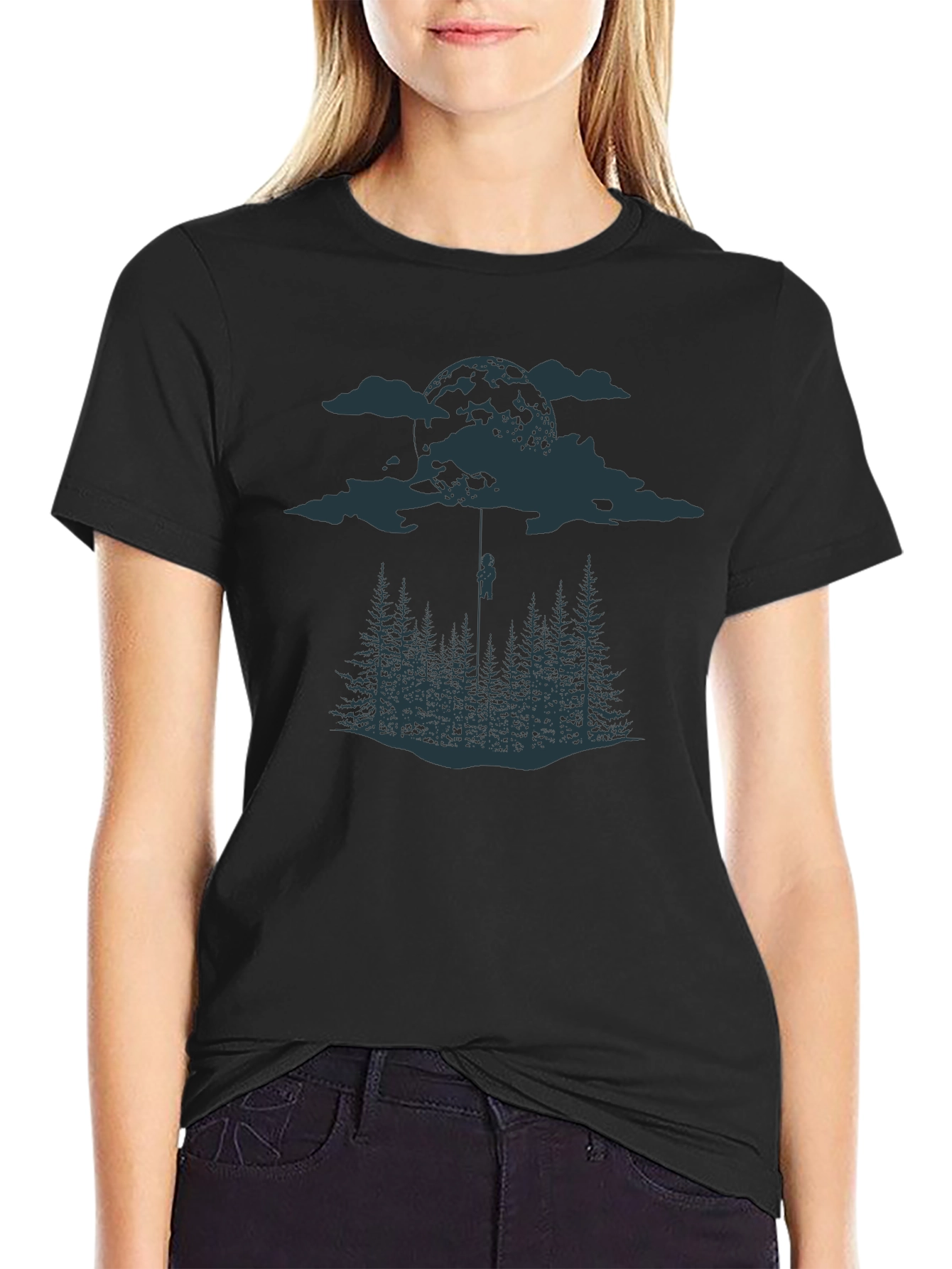 Black Black Tee with Moonlit Forest Design view 2