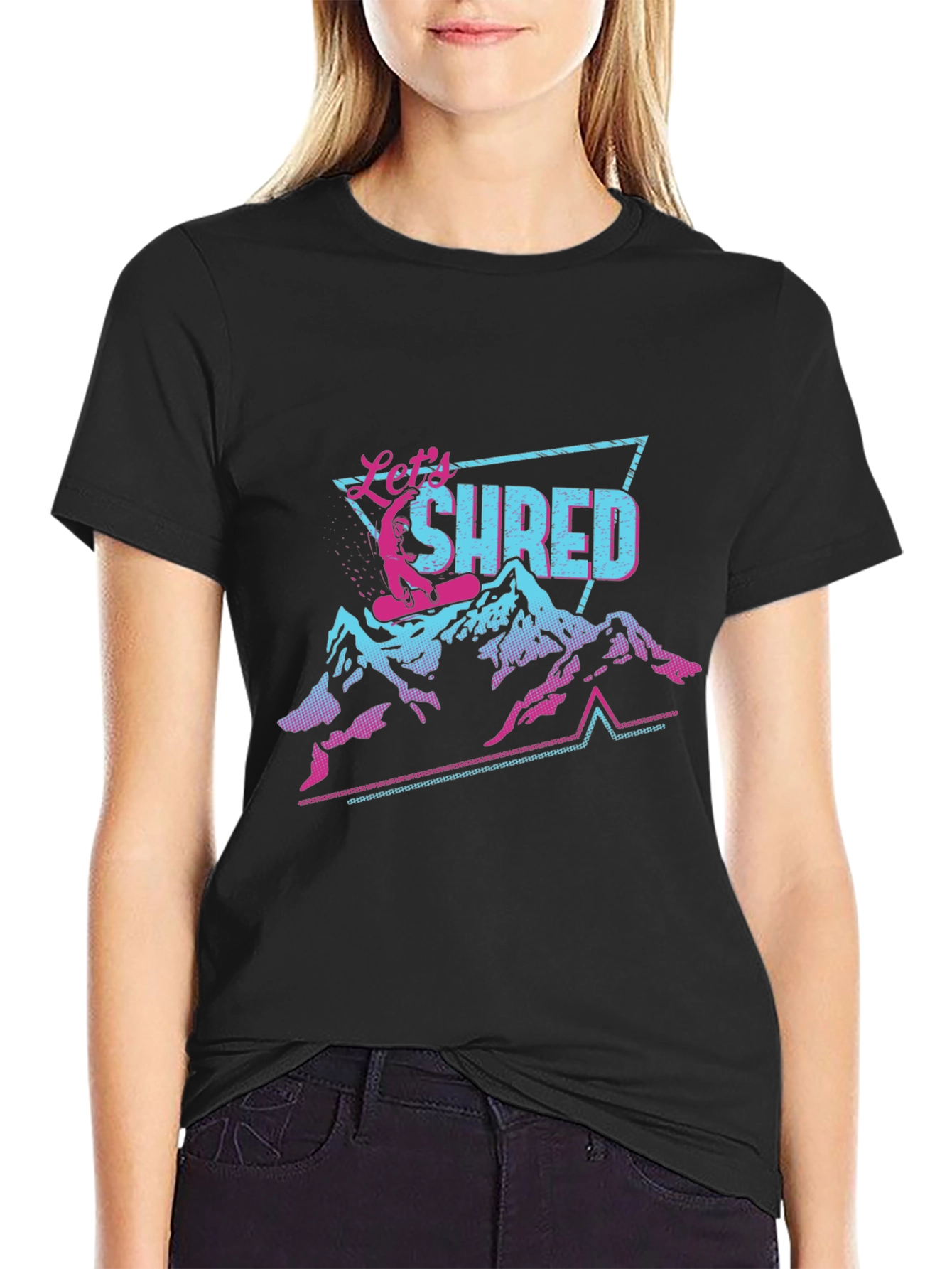Black Let's Shred T-Shirt Retro Snowboard Design view 2