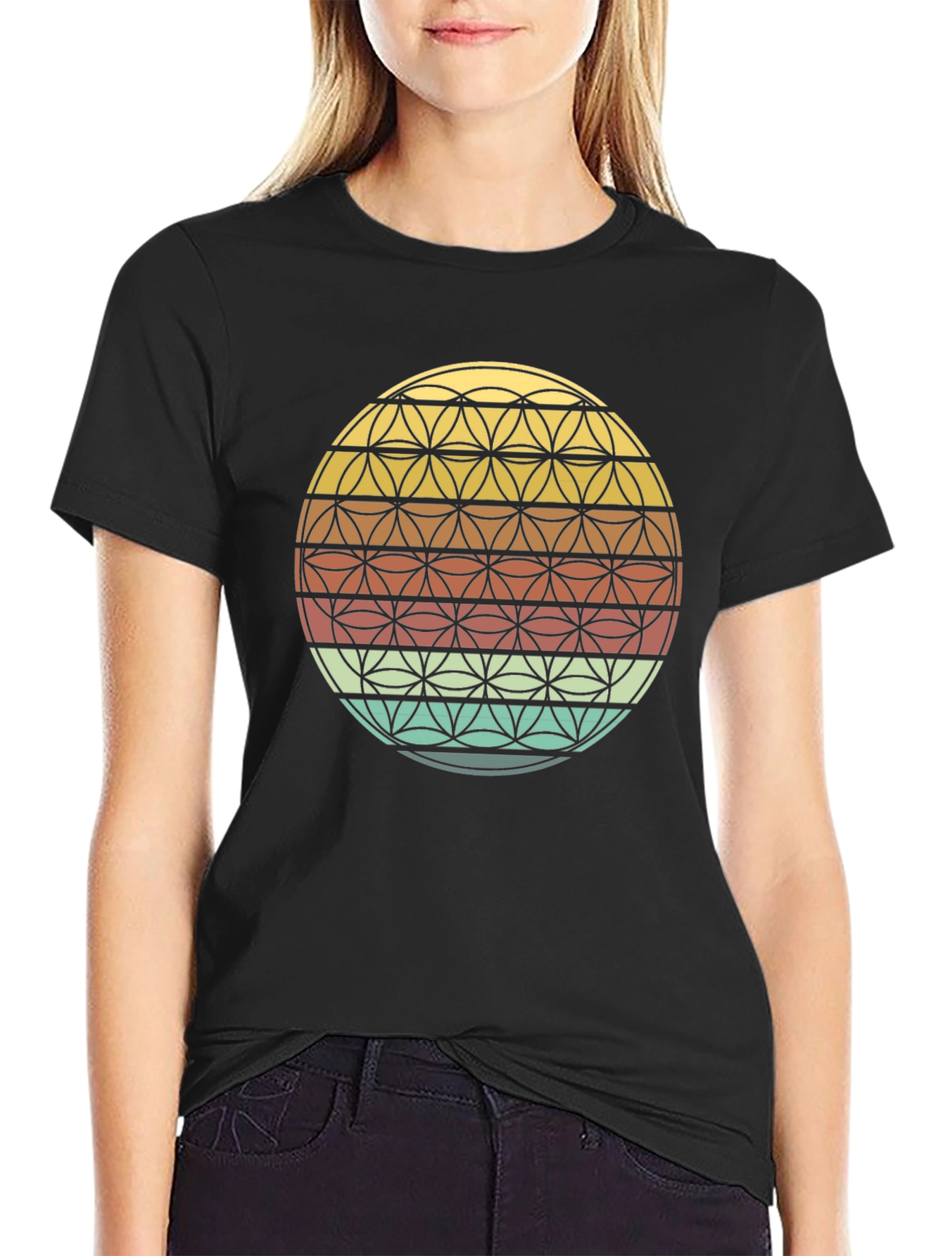 Black Geometric Flower of Life Retro T-Shirt view 2