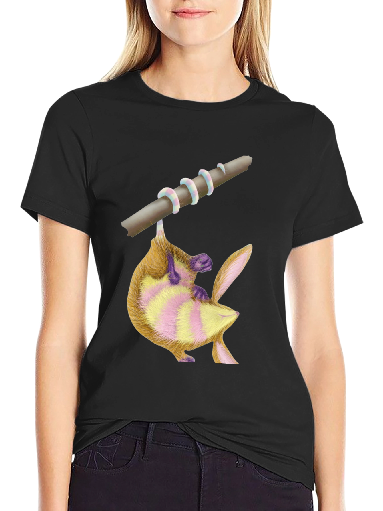 Black Cute Possum on Branch Graphic Tee view 2