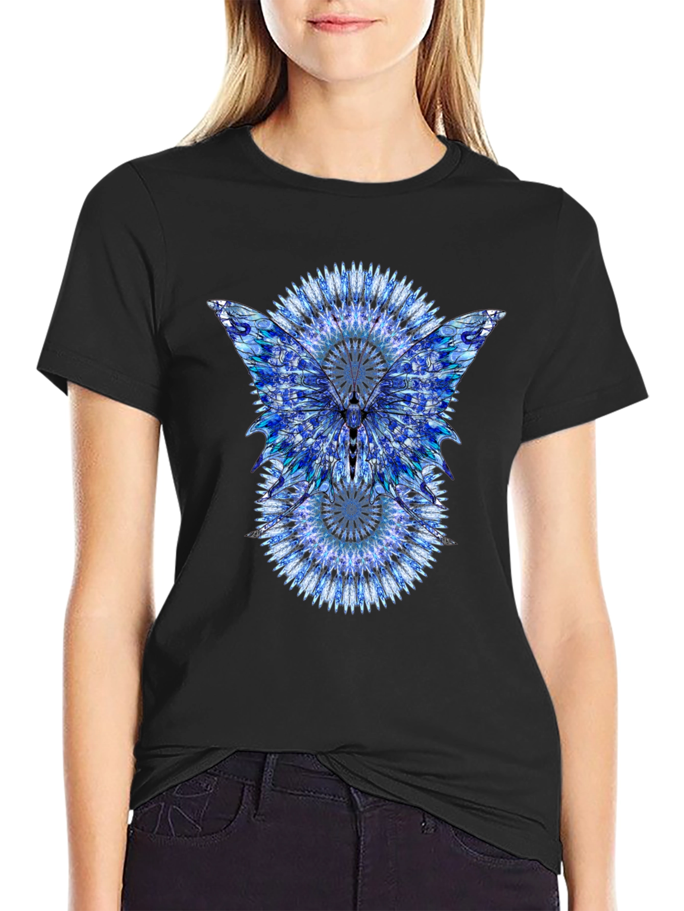 Black Blue Mandala Butterfly Graphic Print Black T-Shirt view 2