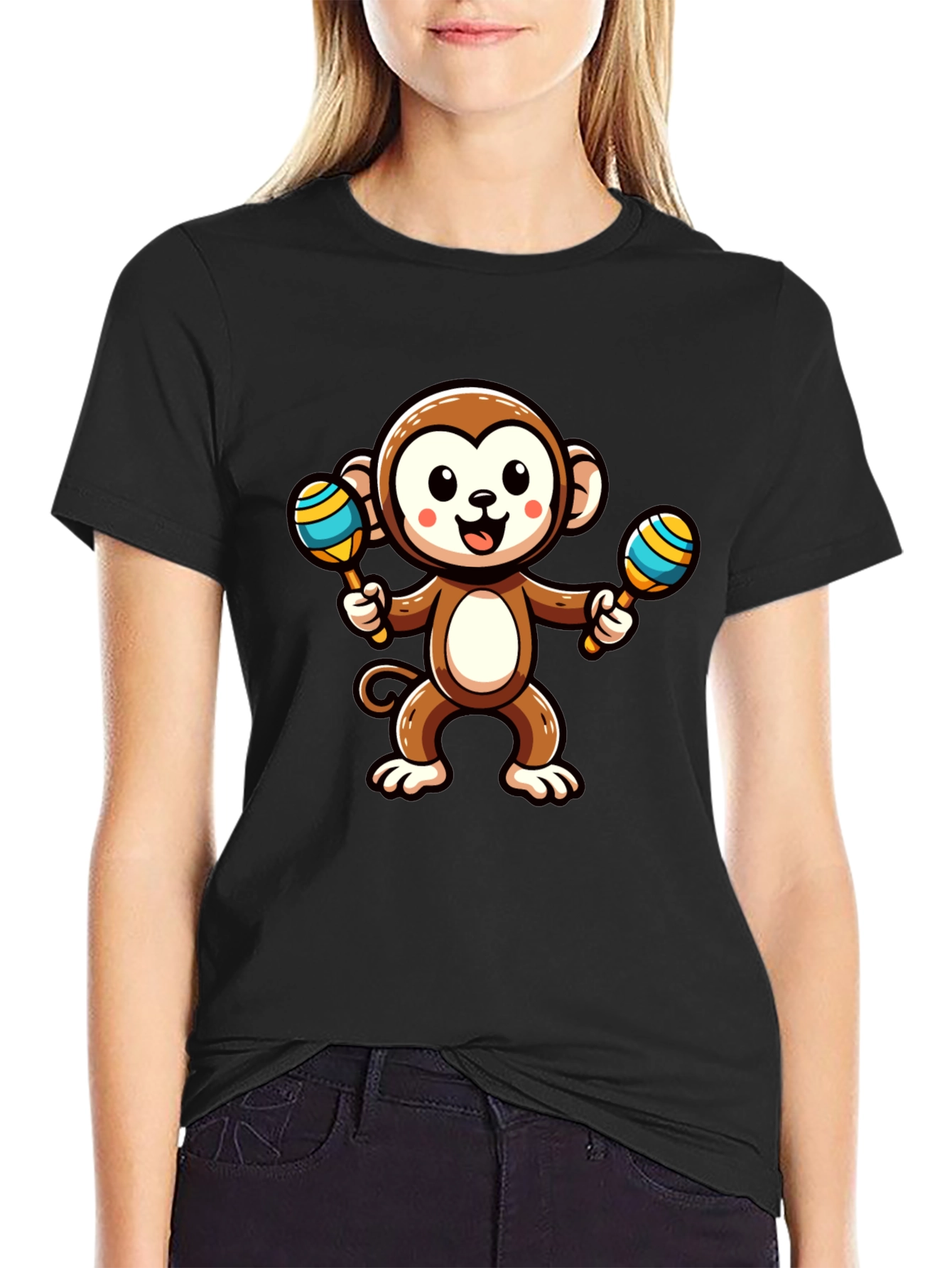 Black Cartoon Monkey with Maracas Graphic Tee view 2