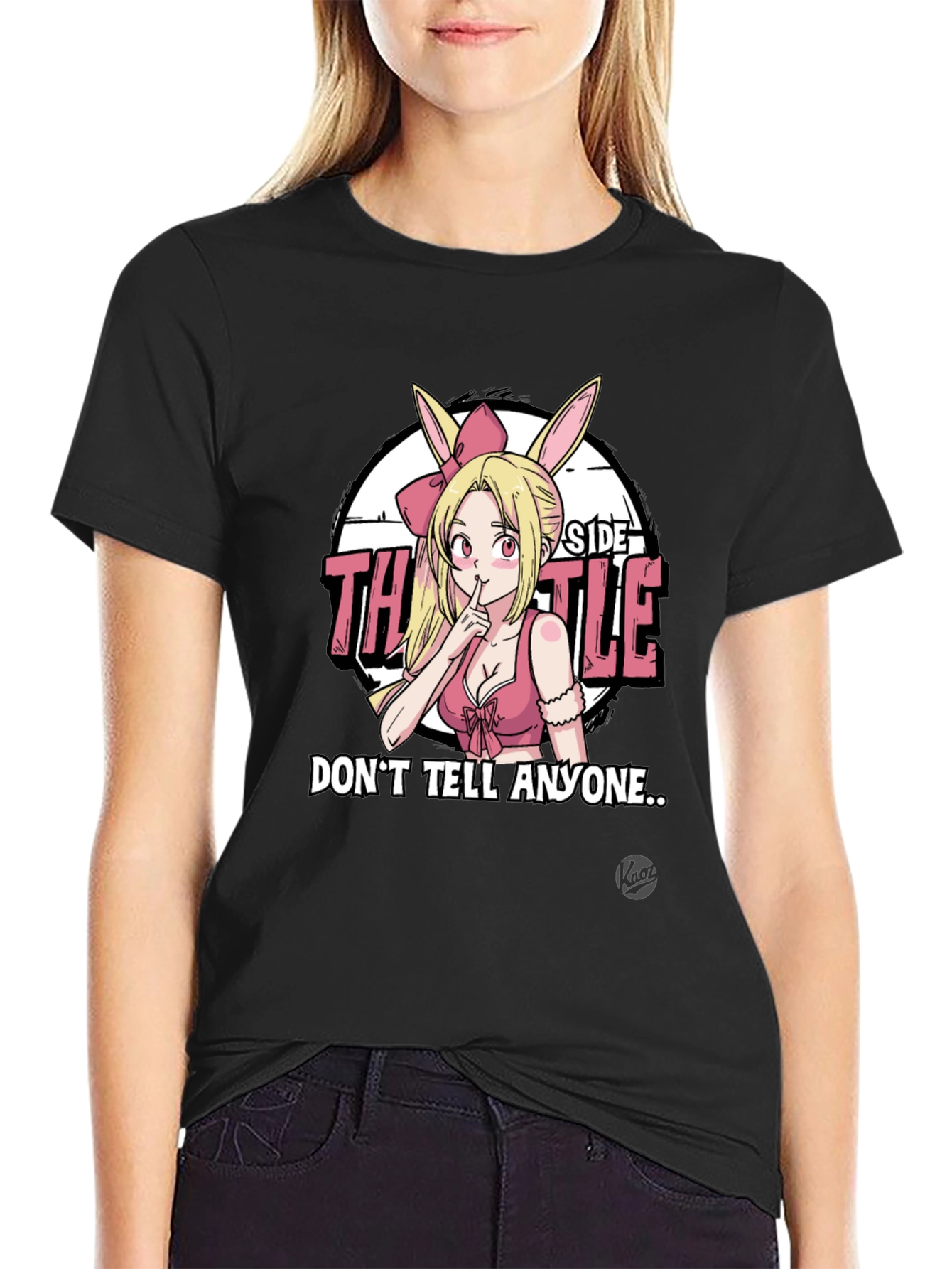 Black Anime Bunny Girl Graphic Tee - "Don't Tell Anyone..." view 2