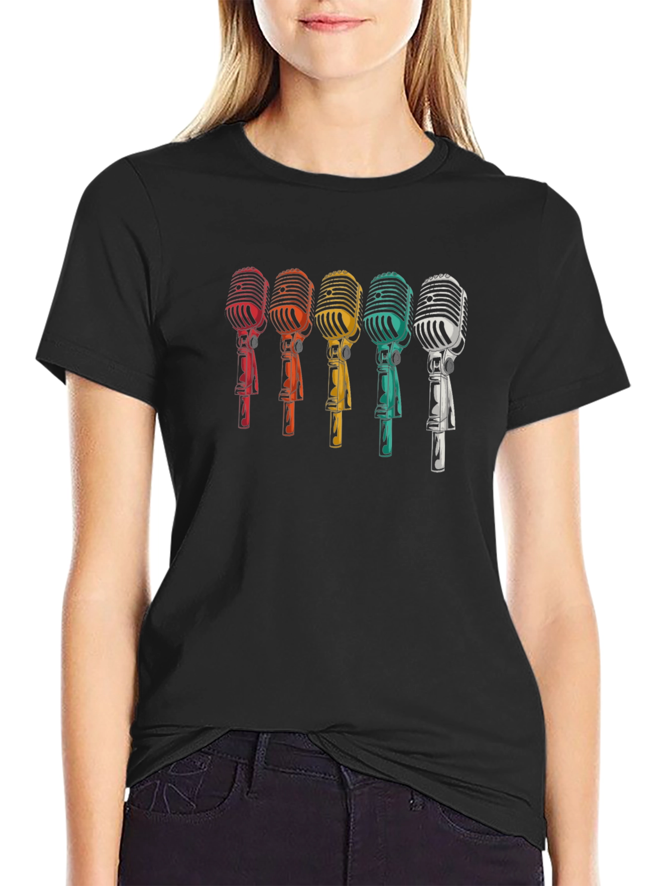 Black Retro Microphone Graphic T-Shirt - Vintage Style view 2