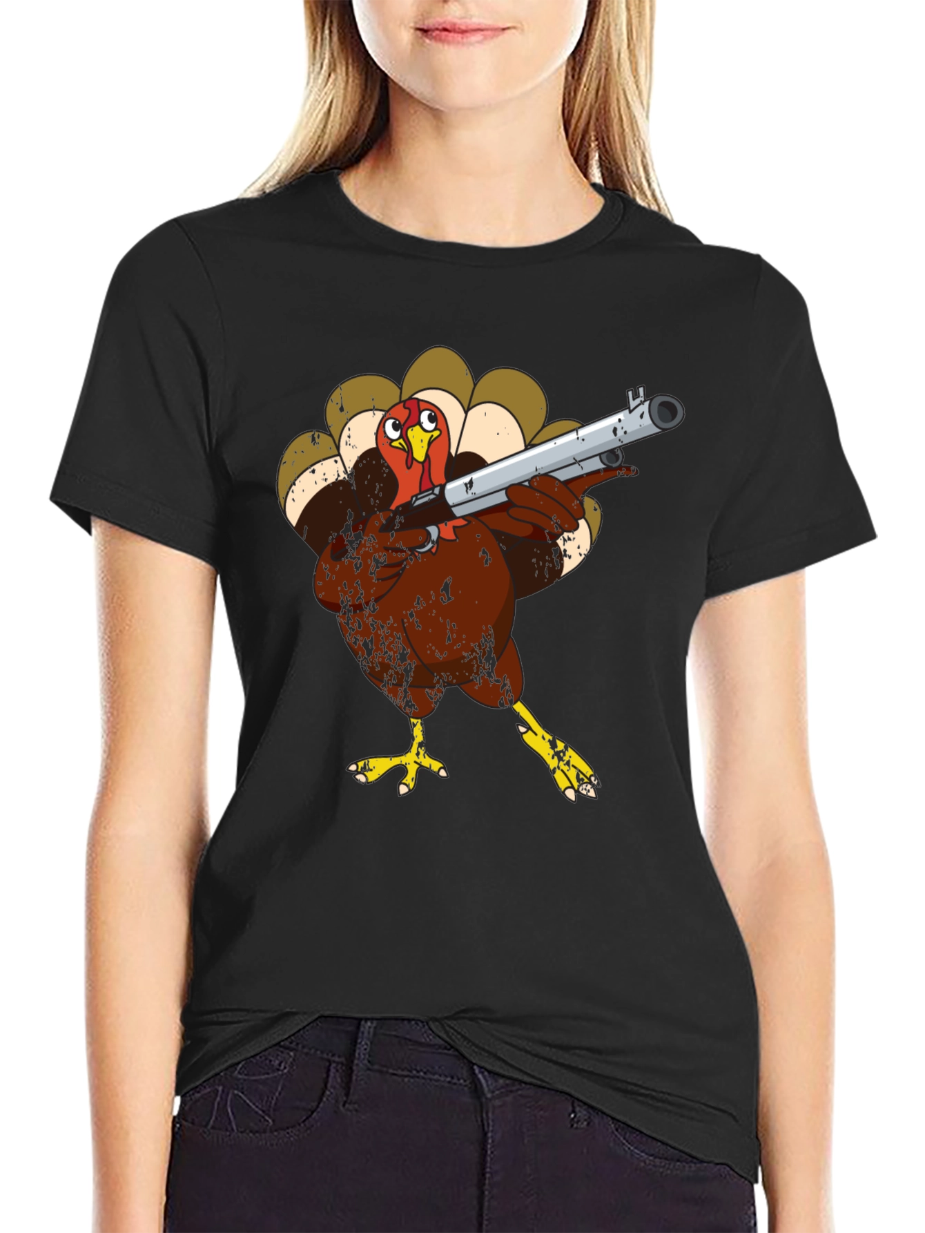 Black Turkey with Shotgun Black T-Shirt - Funny Thanksgiving Tee view 2