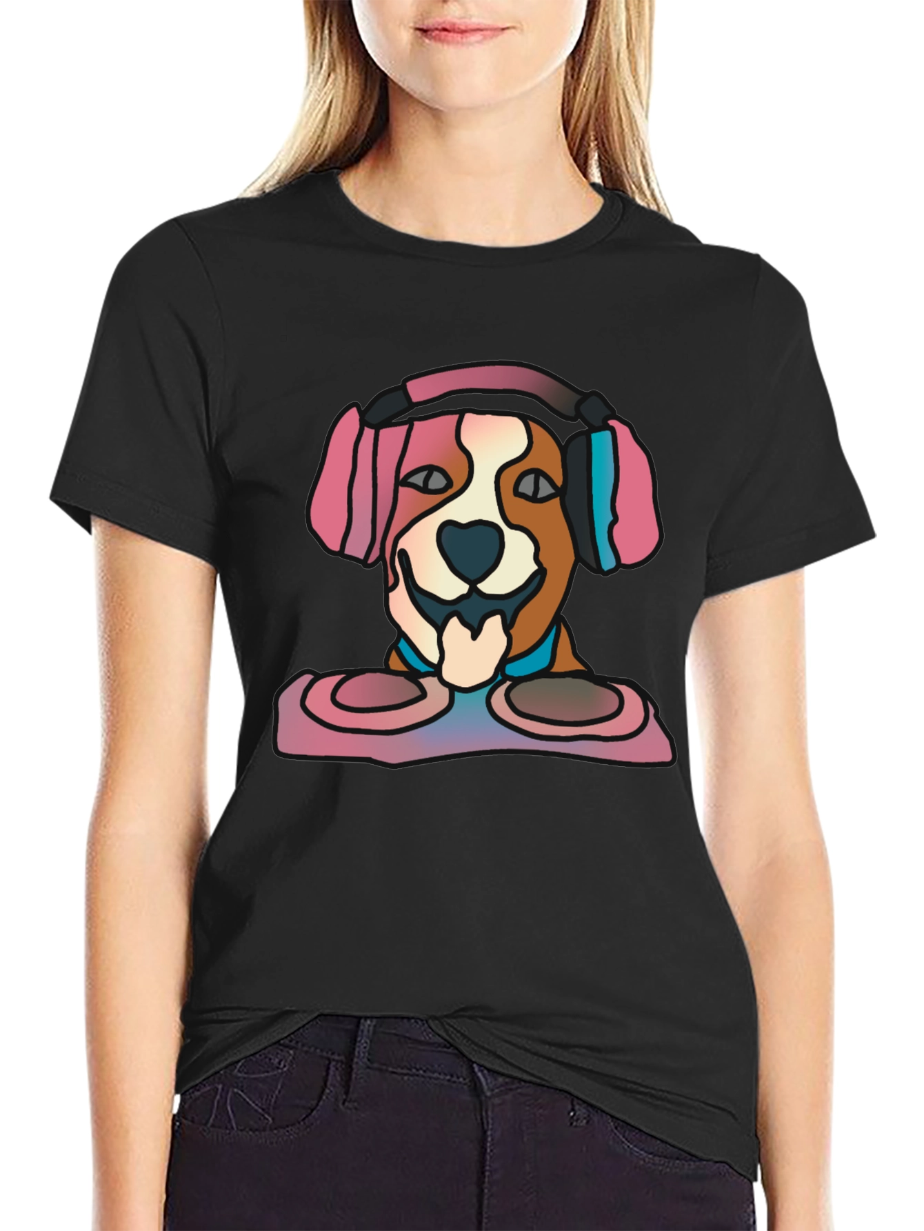 Black DJ Dog Graphic Tee - Stylish Music Lover's T-Shirt view 2