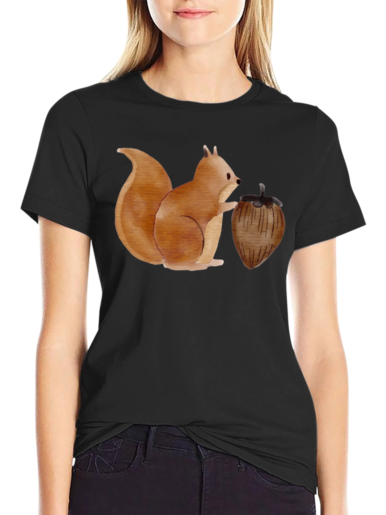 Black Squirrel & Nut Graphic Tee - Black Cotton Casual Comfort view 2