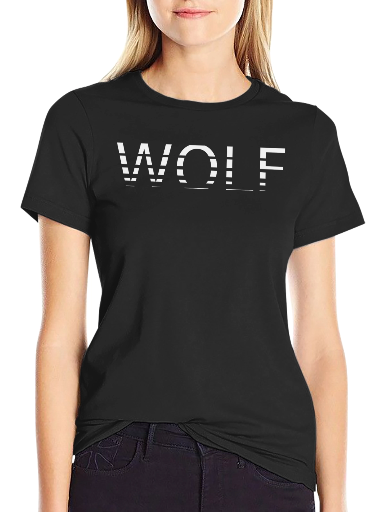 Black WOLF Graphic Print Crew Neck T-Shirt view 2