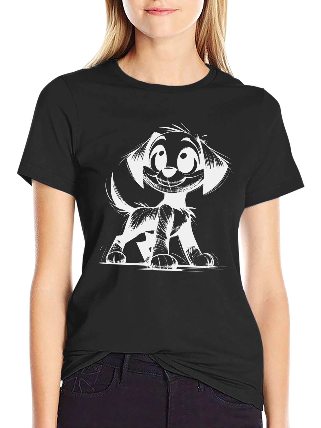 Black Cartoon Dog Graphic Tee - Black view 2