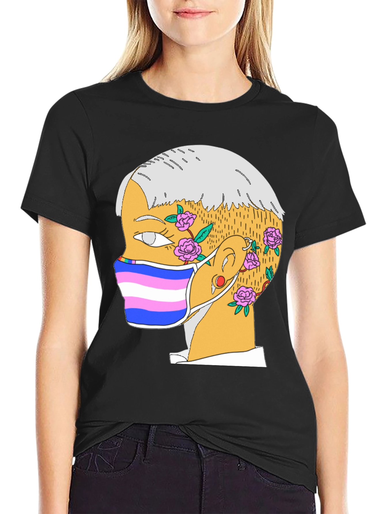 Black Illustrated Portrait T-Shirt - Unique Graphic Tee view 2